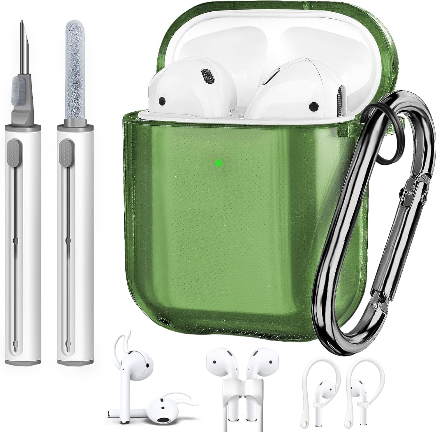Funda para AirPods de 2 generación y 1 generación con kit de limpieza, correa antipérdida, cordón deportivo y cubierta de ganchos para las orejas (2