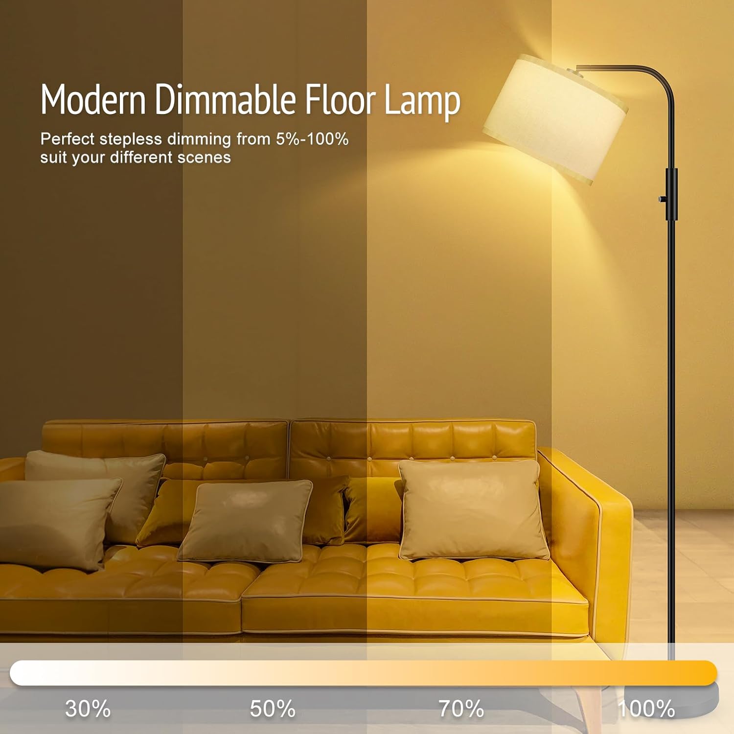 Lámpara de pie regulable, moderna lámpara de pie con bombilla LED (1000 lúmenes, 2700 K), pantalla de lámpara ajustable blanca, interruptor