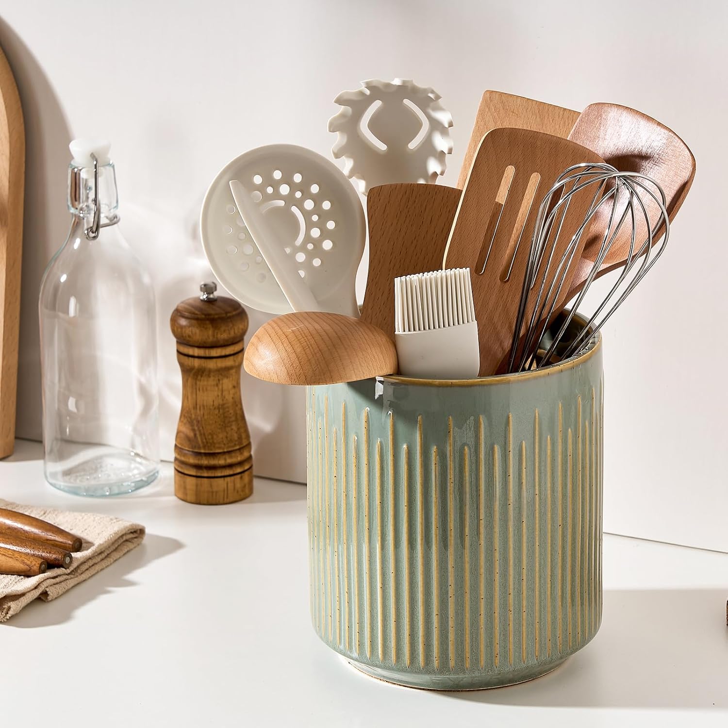 JIEMEI HOME – Soporte para utensilios de cocina, recipiente estable de cerámica para encimera de cocina, organizador grande de utensilios de 7.2