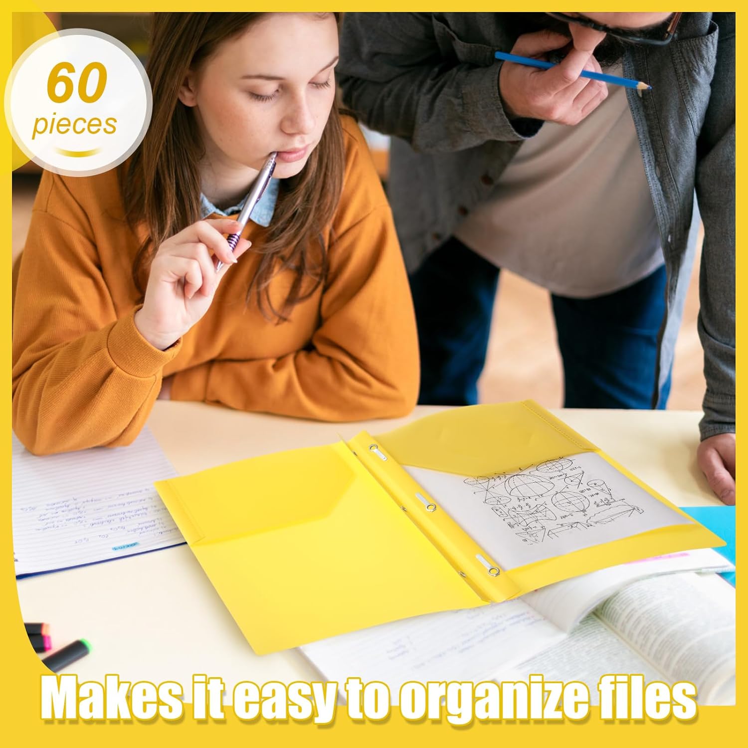 Yeaqee 60 carpetas de plástico con bolsillos y carpetas de puntas con puntas, carpetas de plástico con 2 bolsillos para oficina, escuela,