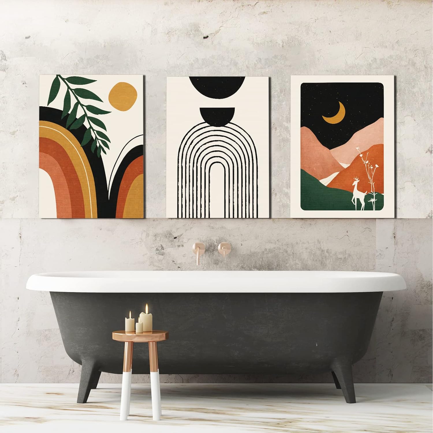 Juego de 3 arte de pared bohemio enmarcado, decoración de pared bohemia, arte de pared moderno de mediados de siglo, impresiones geométricas