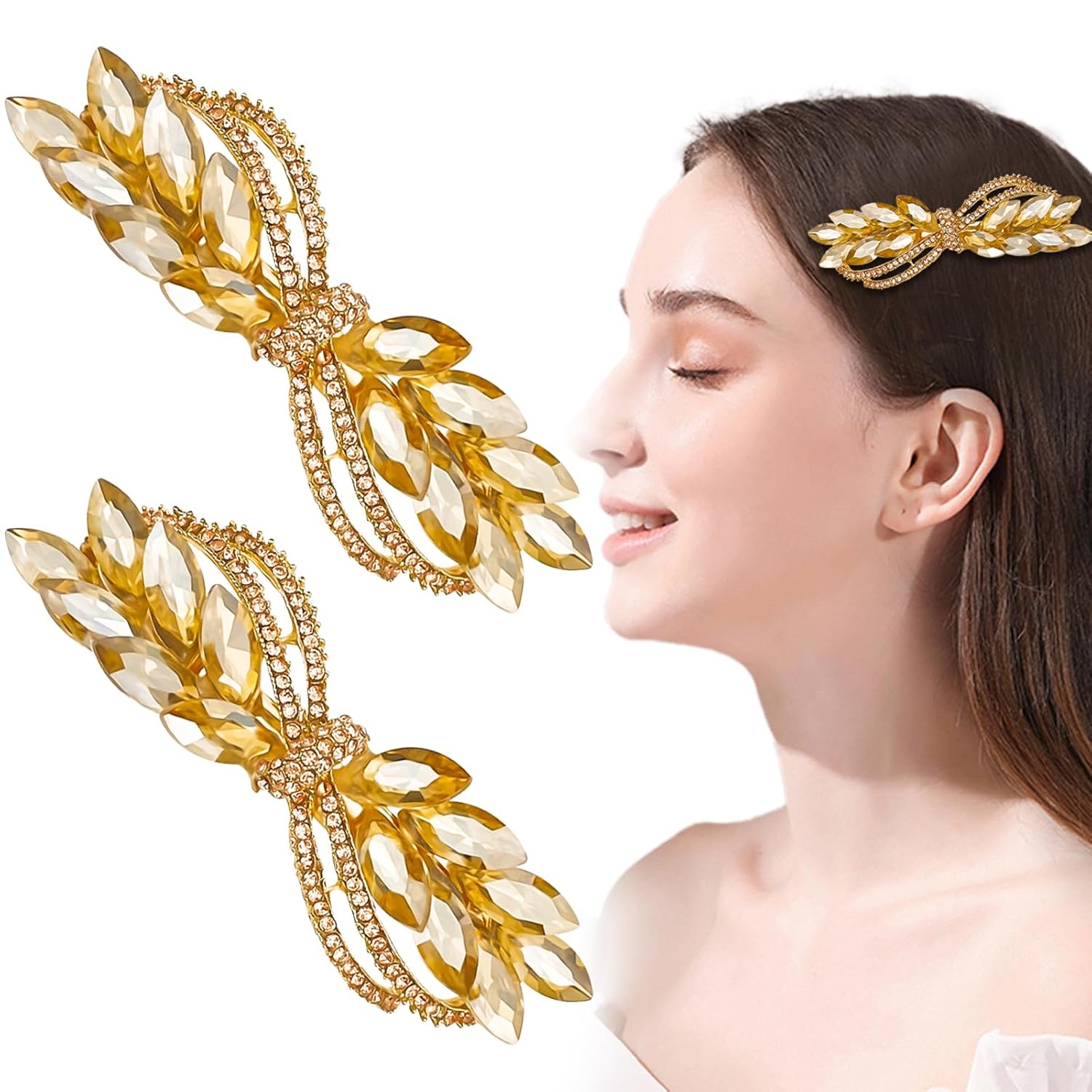 2 pinzas para el cabello de novia con diamantes de imitación dorados, pasadores de pelo de cristal brillante, horquillas francesas, accesorios