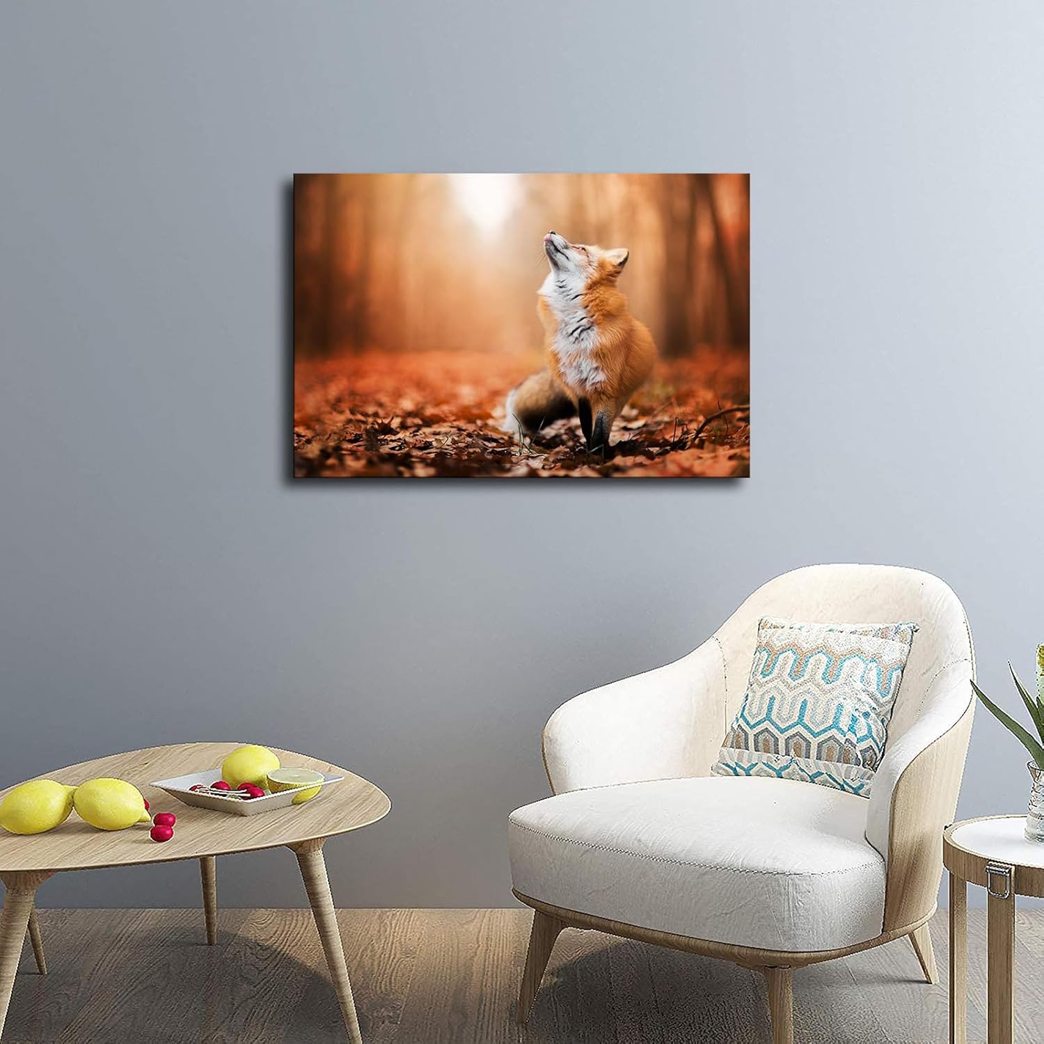 Póster de animales con hojas rojas por todo el suelo, póster estético de zorros rojos que miran hacia arriba, arte de pared, sala de estar,