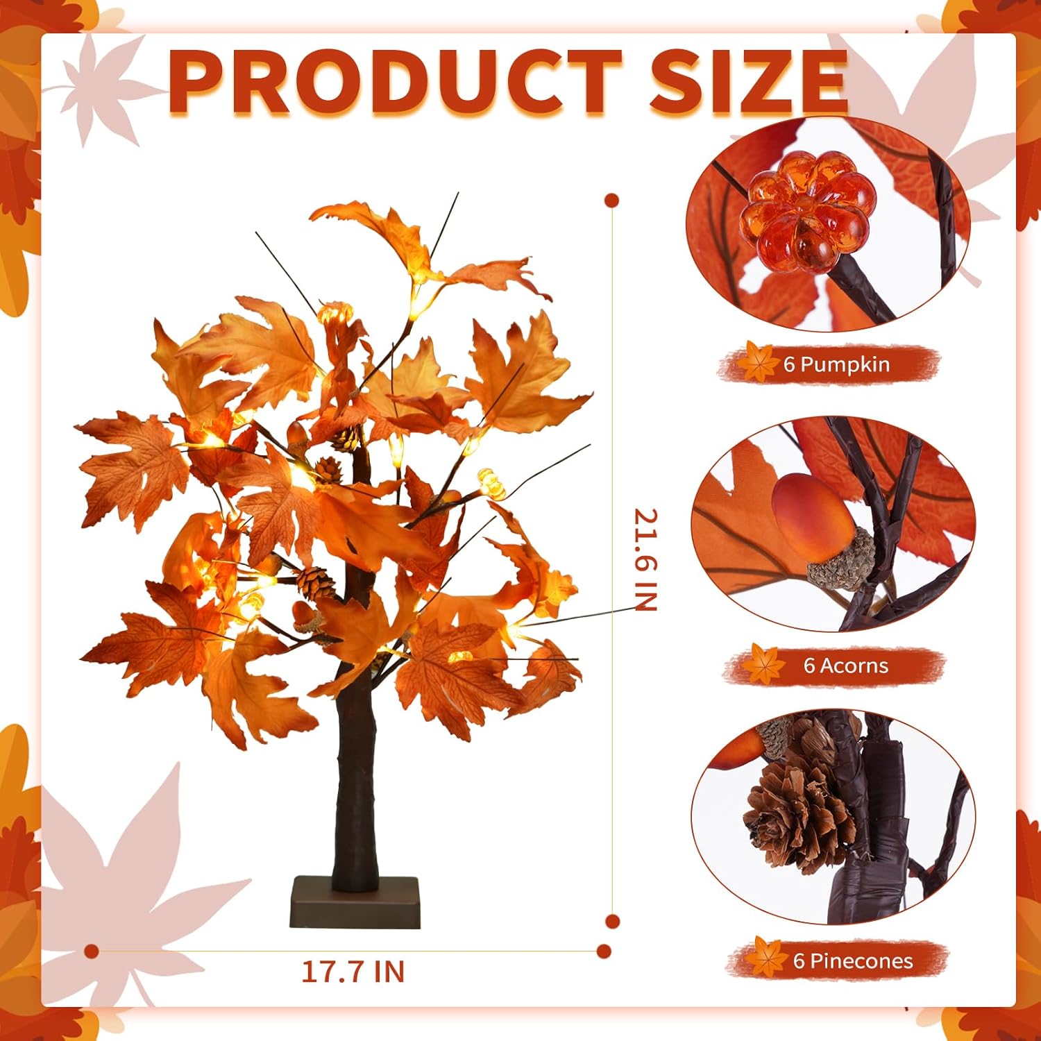 Árbol de arce iluminado de 22 pulgadas, decoración de árbol de Acción de Gracias con 6 bellotas y calabazas y piñas, decoración de otoño con 18