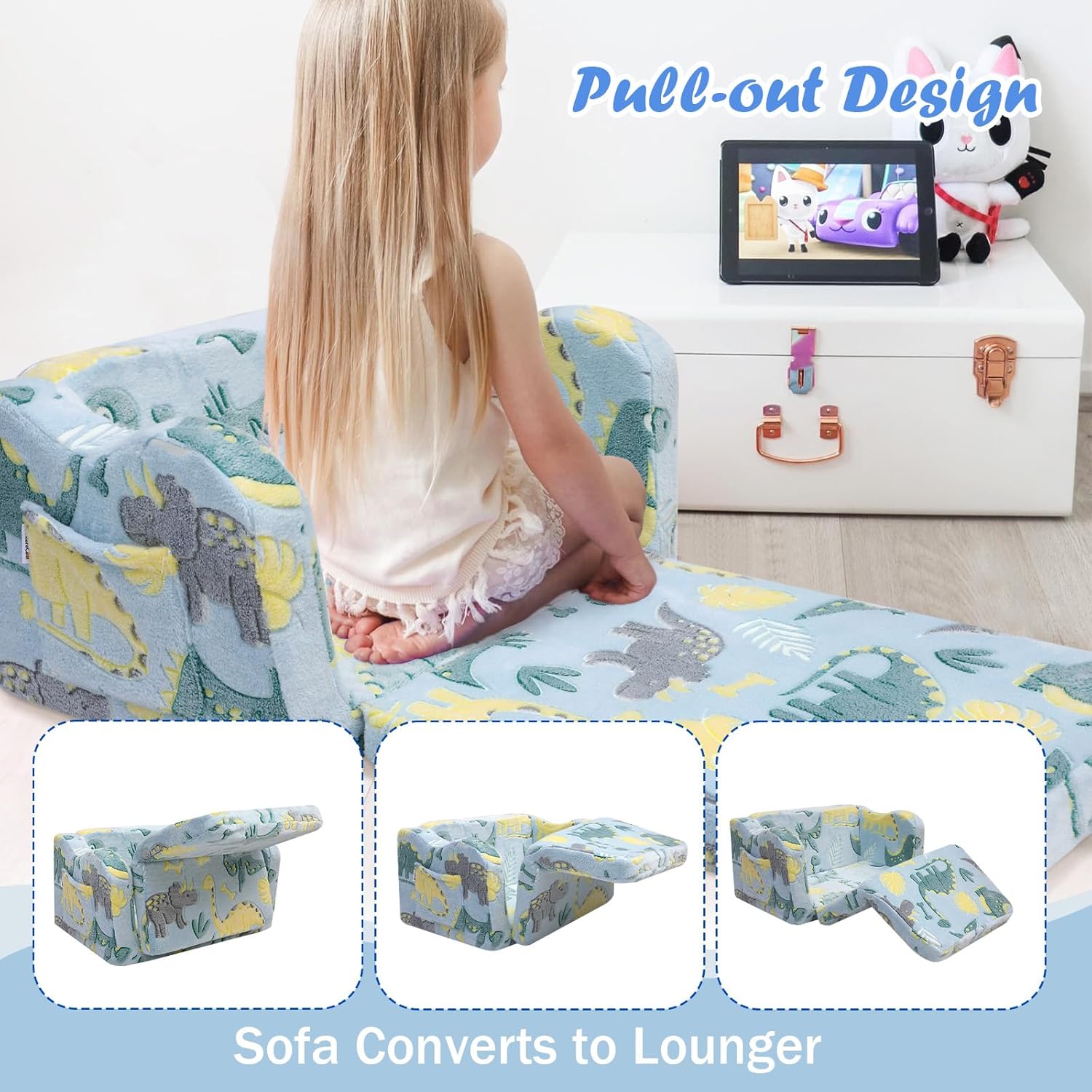 MeMoreCool Silla plegable para niños pequeños, sofá plegable de felpa suave para niños, sofá que brilla en la oscuridad, cómodo sillón reclinable
