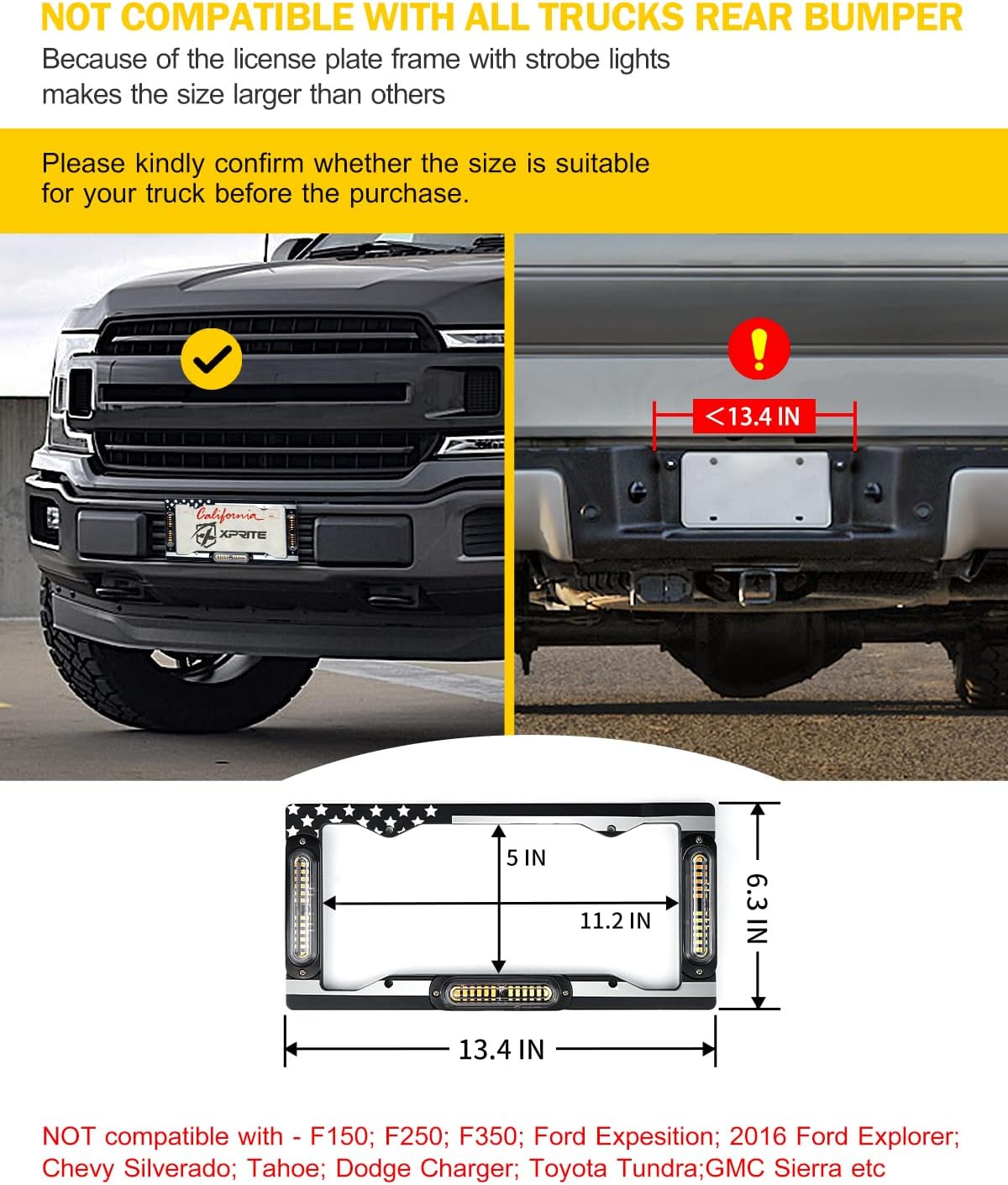 Xprite 36 luces LED estroboscópicas para matrícula, bandera de EE. UU., marco de luz de seguridad de peligro de emergencia para vehículos de