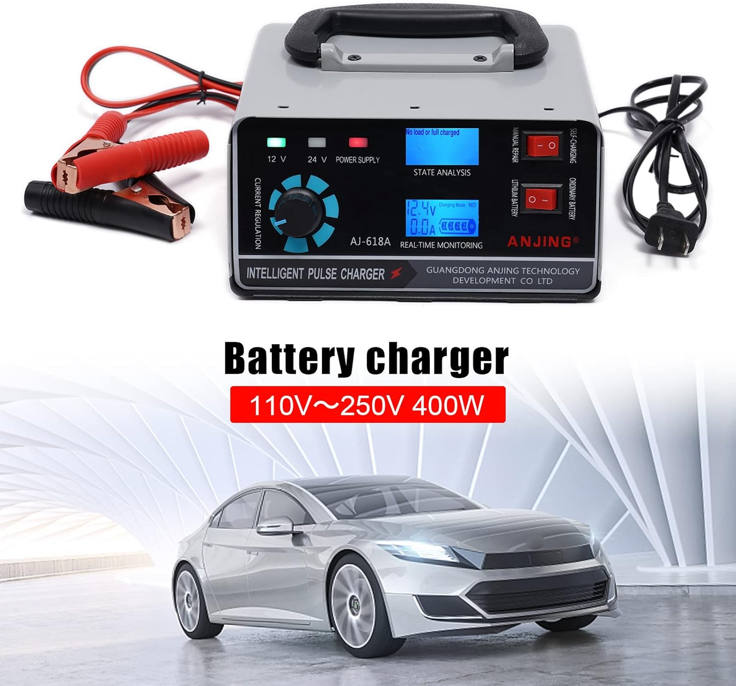 Cargador de batería de coche, cargador de batería de plomo y litio de 12 V24 V con pantalla LCD, mantenimiento de batería inteligente carga de goteo
