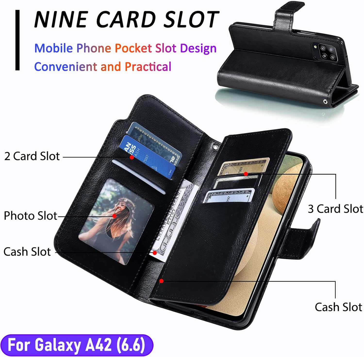 LMDAMZ Funda tipo cartera para Galaxy A42 (5G) de 6.6 pulgadas 3+ ranuras para tarjetas Tarjeta de visita de identificación, ranura para tarjetas de