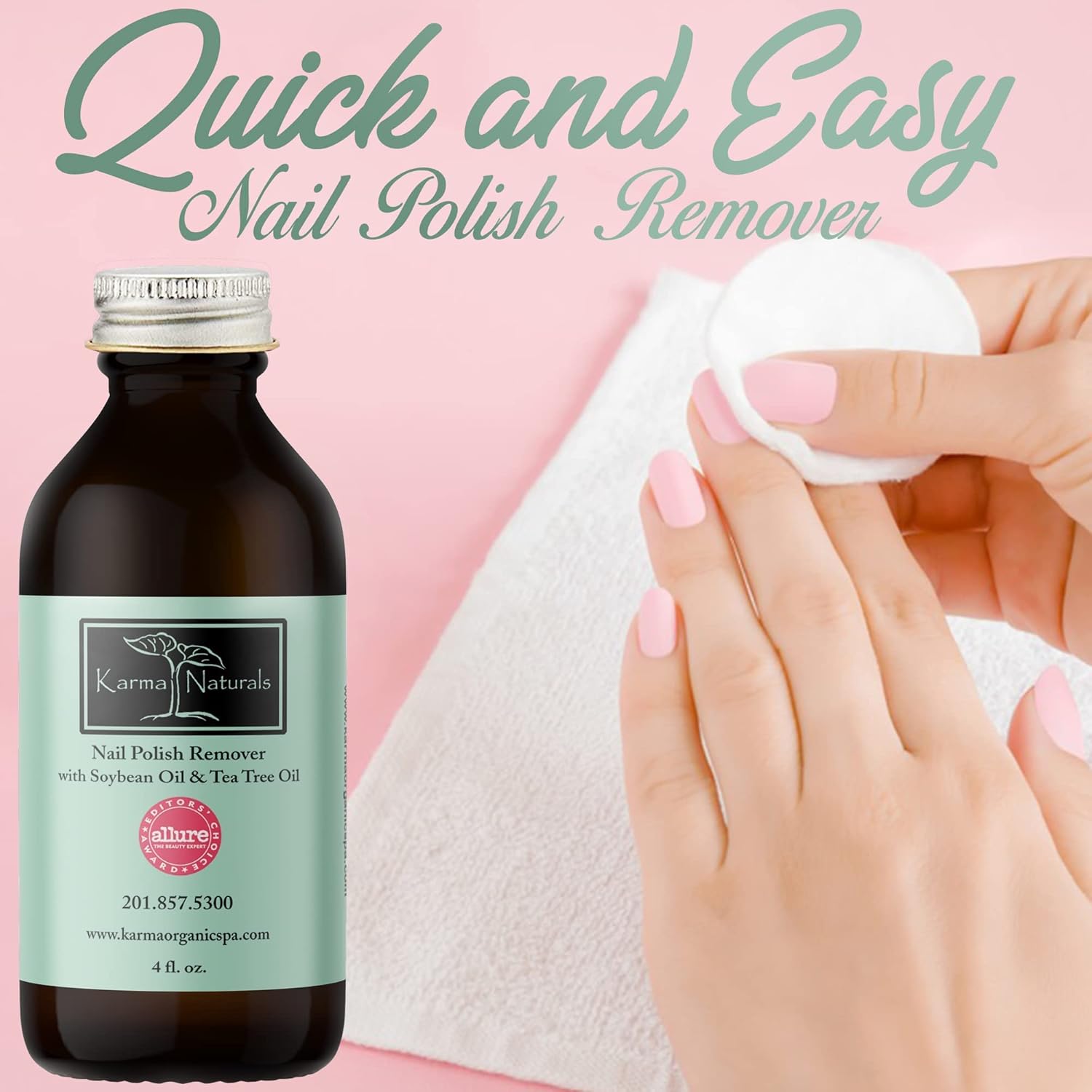 Karma Organic Paquete de removedor de esmalte de uñas, removedor de esmalte de uñas con aceite de árbol de té (4 onzas líquidas), removedor de