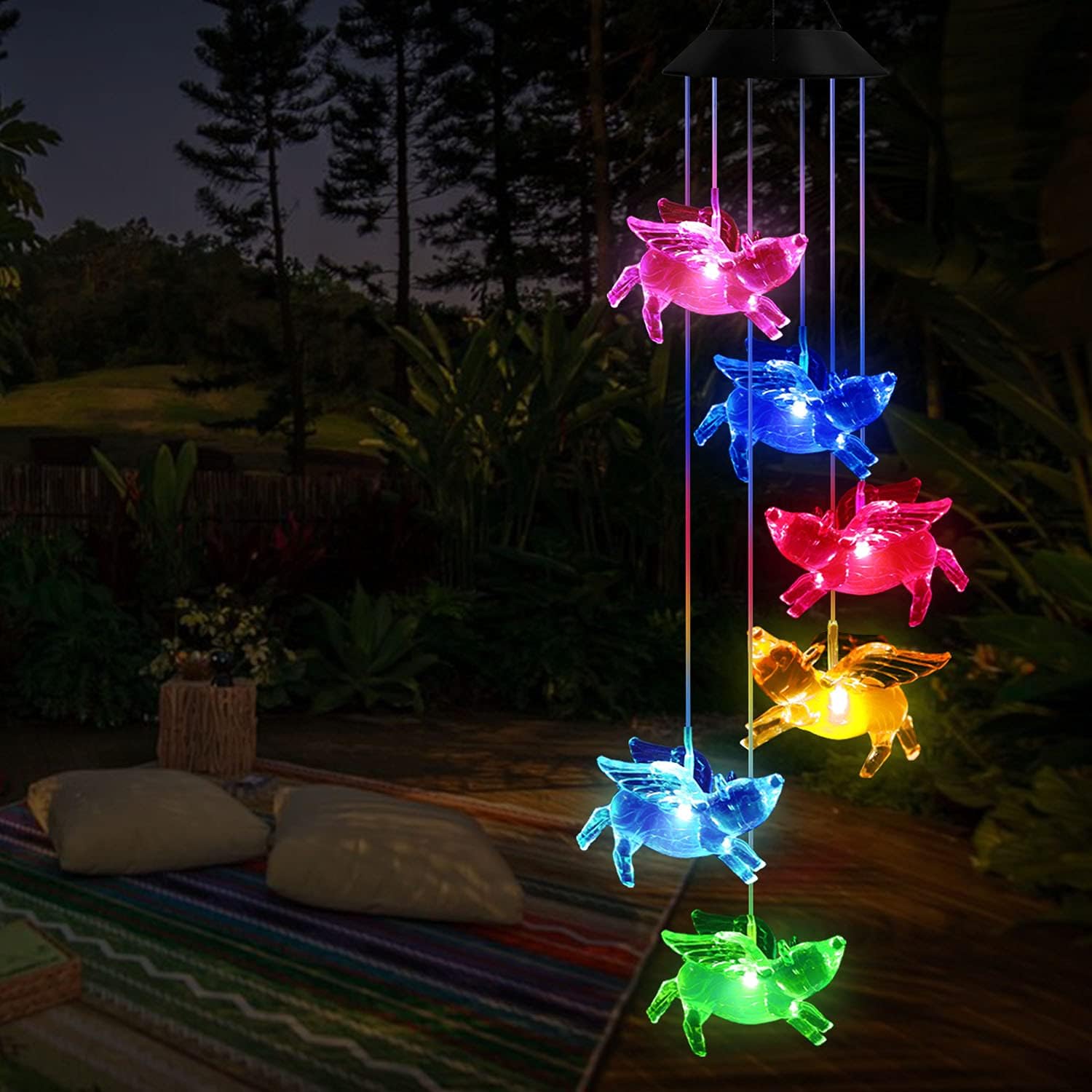 Campanillas de viento de cerdos moscados, campanillas de viento de cerdos que cambian de color, luces solares impermeables de cerdos voladores,