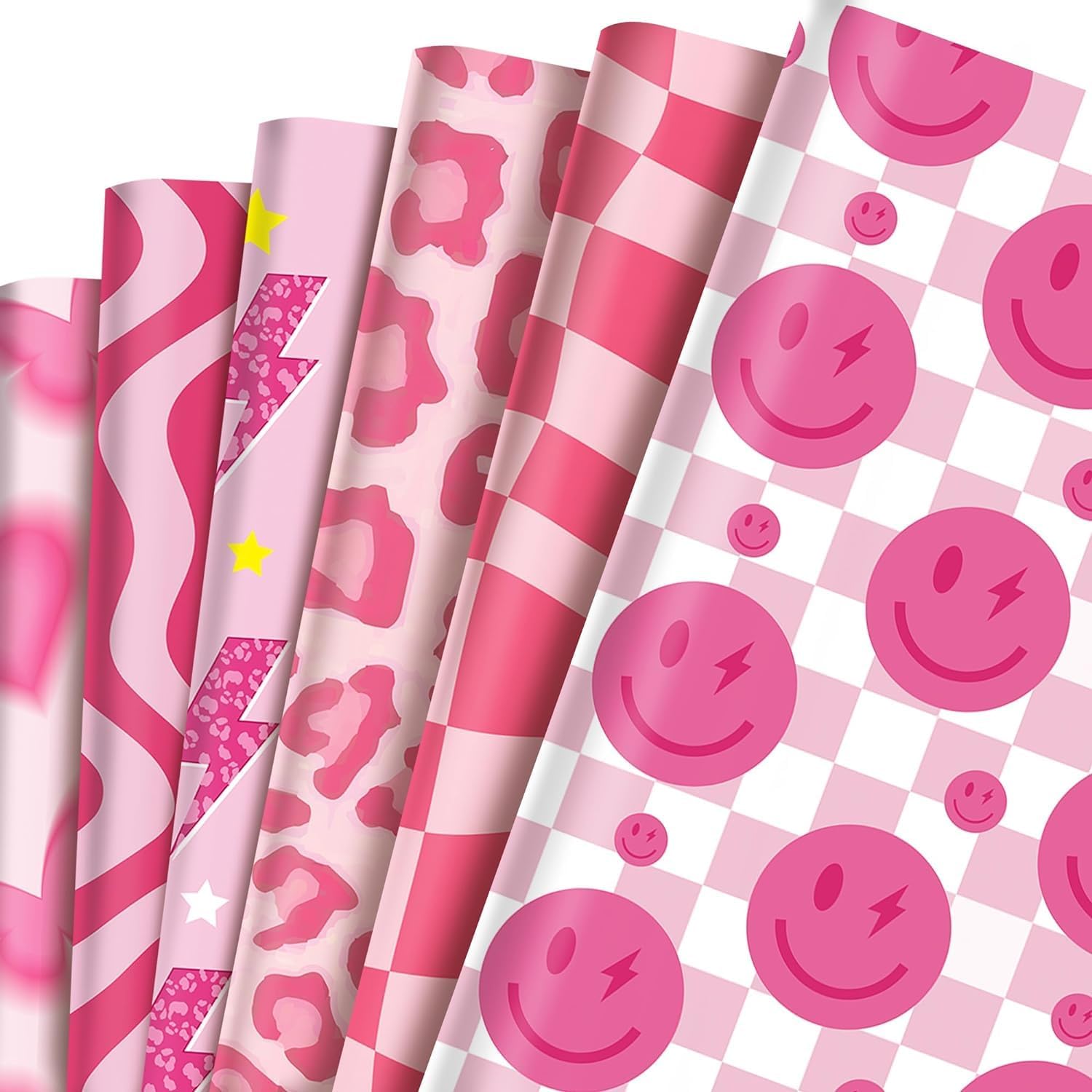 Bolsome 12 hojas de papel de regalo temático preppy, papel de regalo con diseño de leopardo y mariposa sonriente rosa para principios de la década