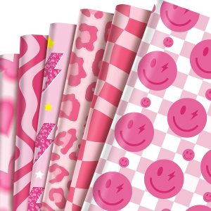 Bolsome 12 hojas de papel de regalo temático preppy, papel de regalo con diseño de leopardo y mariposa sonriente rosa para principios de la década Bolsome 12 hojas de papel de regalo temático preppy, papel de regalo con diseño de leopardo y mariposa sonriente rosa para principios de la década