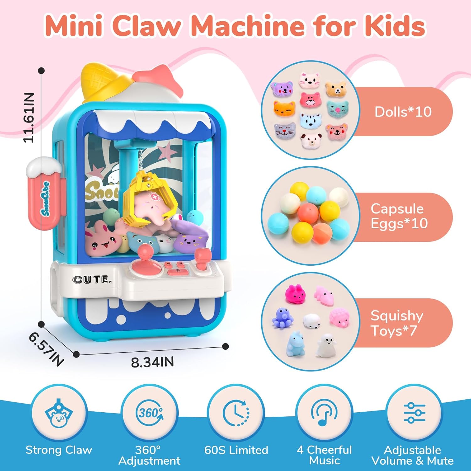 Skirfy Máquina de garras para niños, máquina de juego de garras, máquina de dulces con 27 premios de juguete en el interior, máquina de arcada para