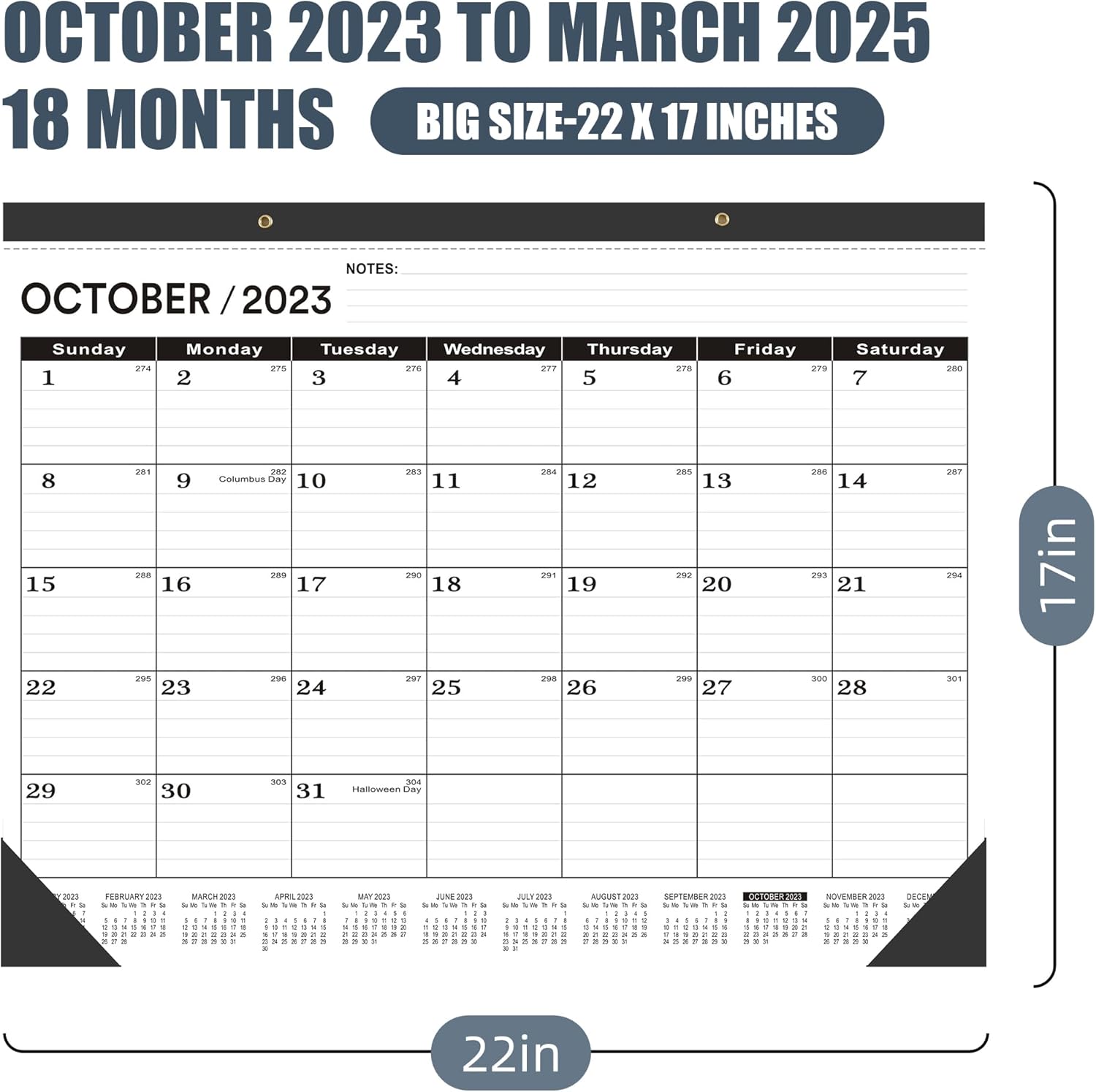 Calendario de escritorio grande de 22 x 17 pulgadas 2023-2024  Calendario mensual profesional de pared OCT.2023  MAR.2025, negro clásico