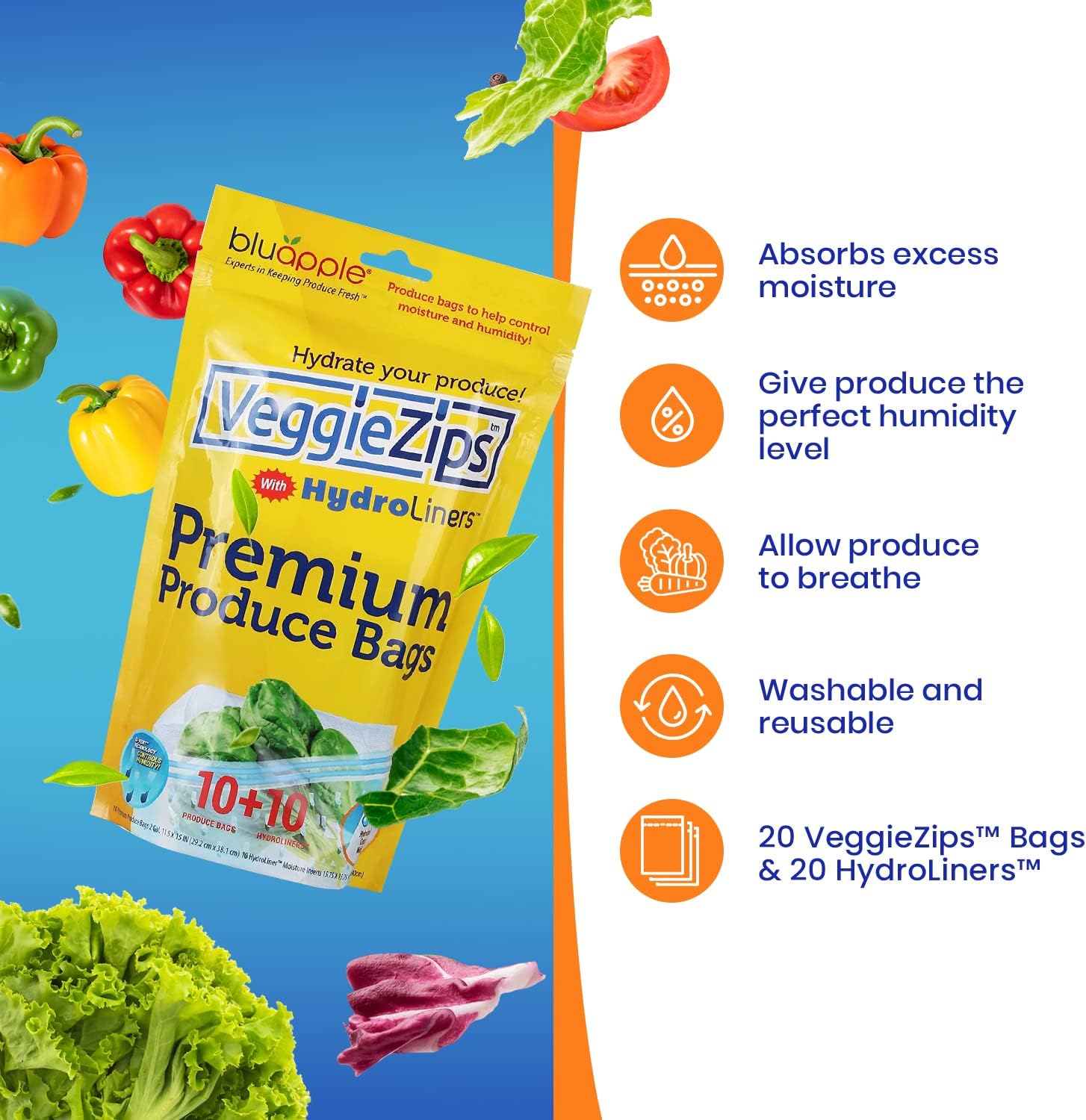 Bluapple VeggieZips Sistema de almacenamiento de productos de alta calidad, juego de 40 piezas, 20 bolsas ahorradoras de alimentos + 20 HydroLiners,