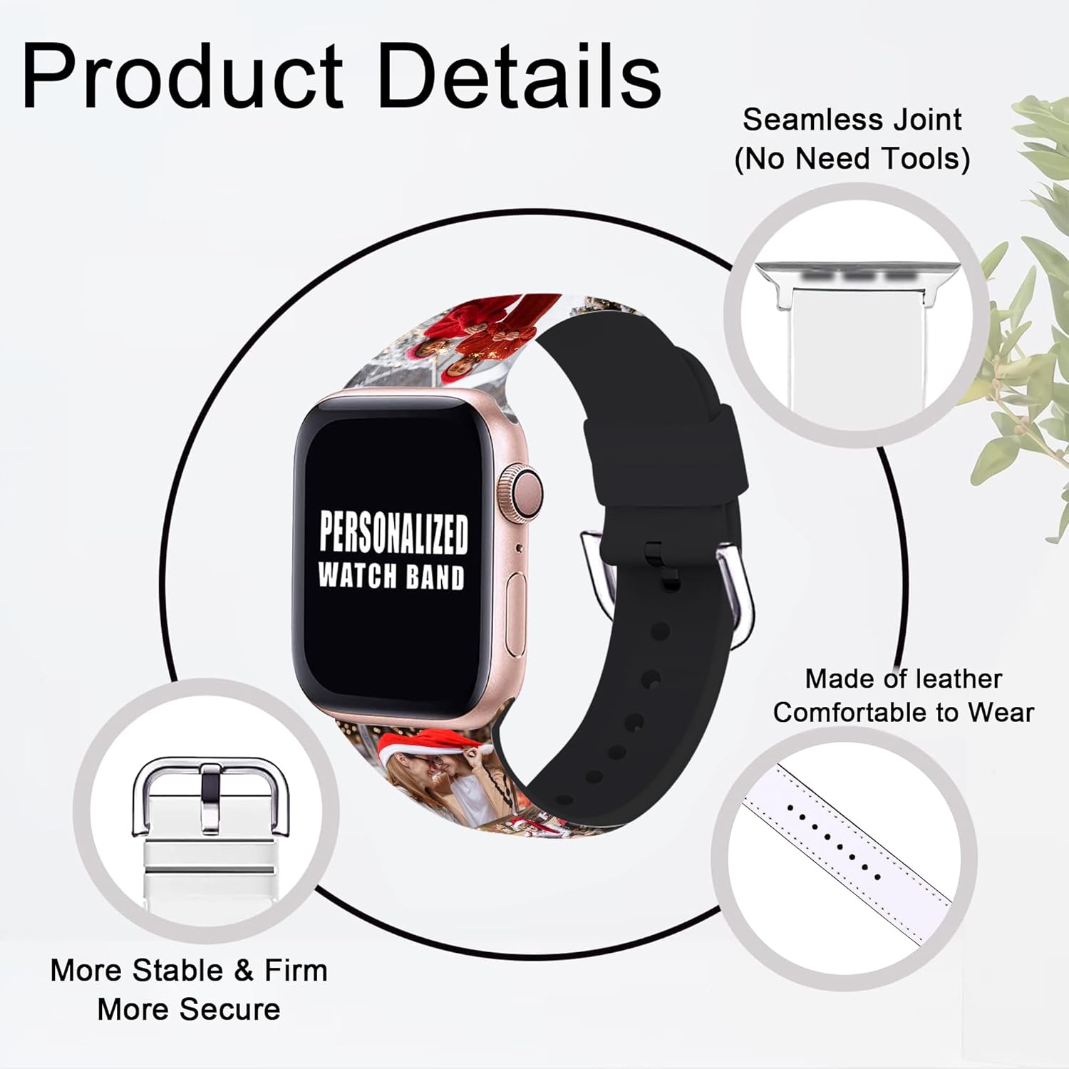 okhopediy Personalized Custom Christmas Strap is Suitable For Apple Watch 38mm 40mm 41mm Soft PU Leather Movement Back Loop Replacement of Wristband