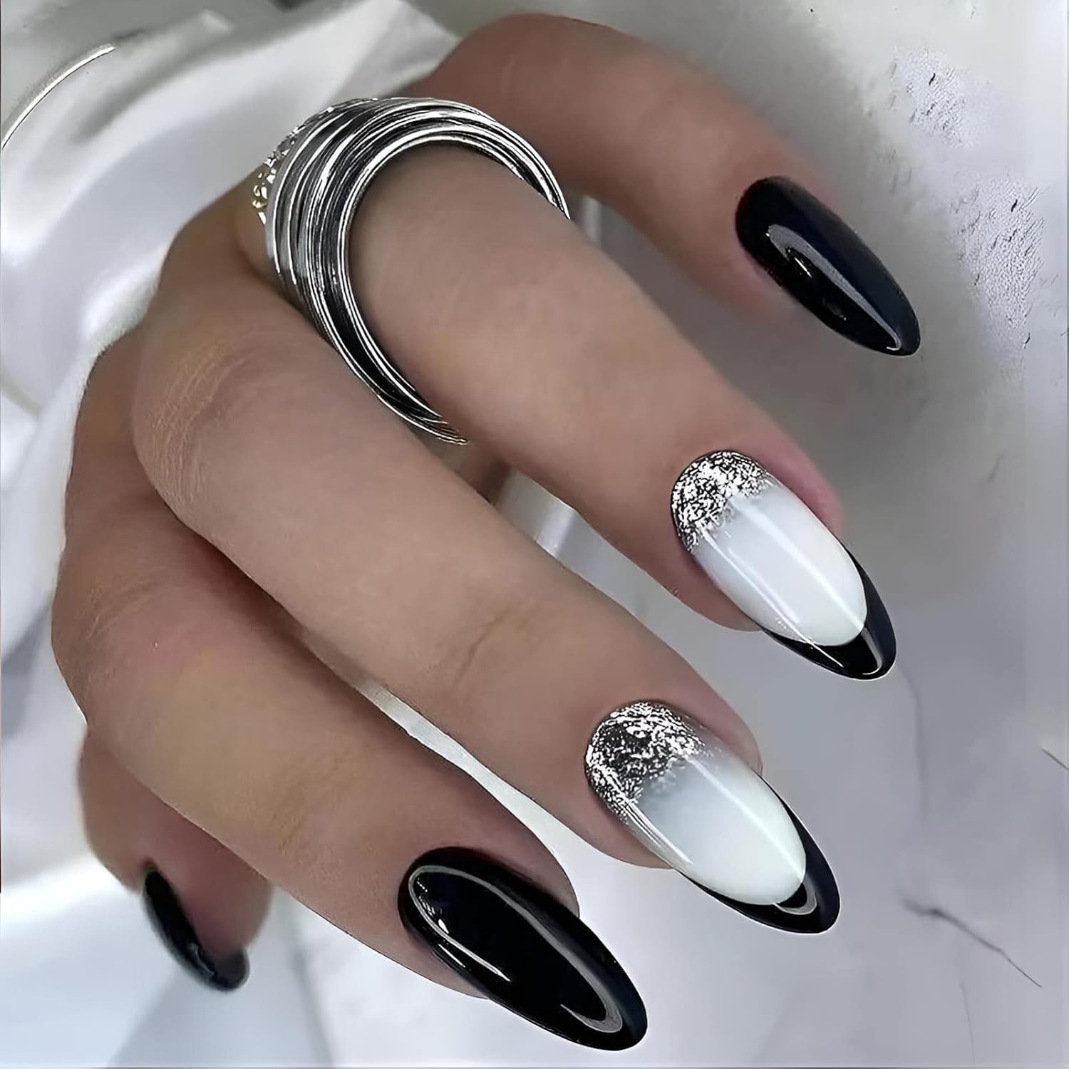Uñas postizas a presión con punta francesa con purpurina, uñas postizas acrílicas de cobertura completa con pegamento para uñas, uñas postizas