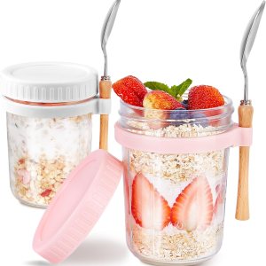 Recipientes de vidrio para avena durante la noche con tapas y cuchara, tarros Mason de boca ancha de 16 onzas para avena nocturna, cereales, yogur, Recipientes de vidrio para avena durante la noche con tapas y cuchara, tarros Mason de boca ancha de 16 onzas para avena nocturna, cereales, yogur,