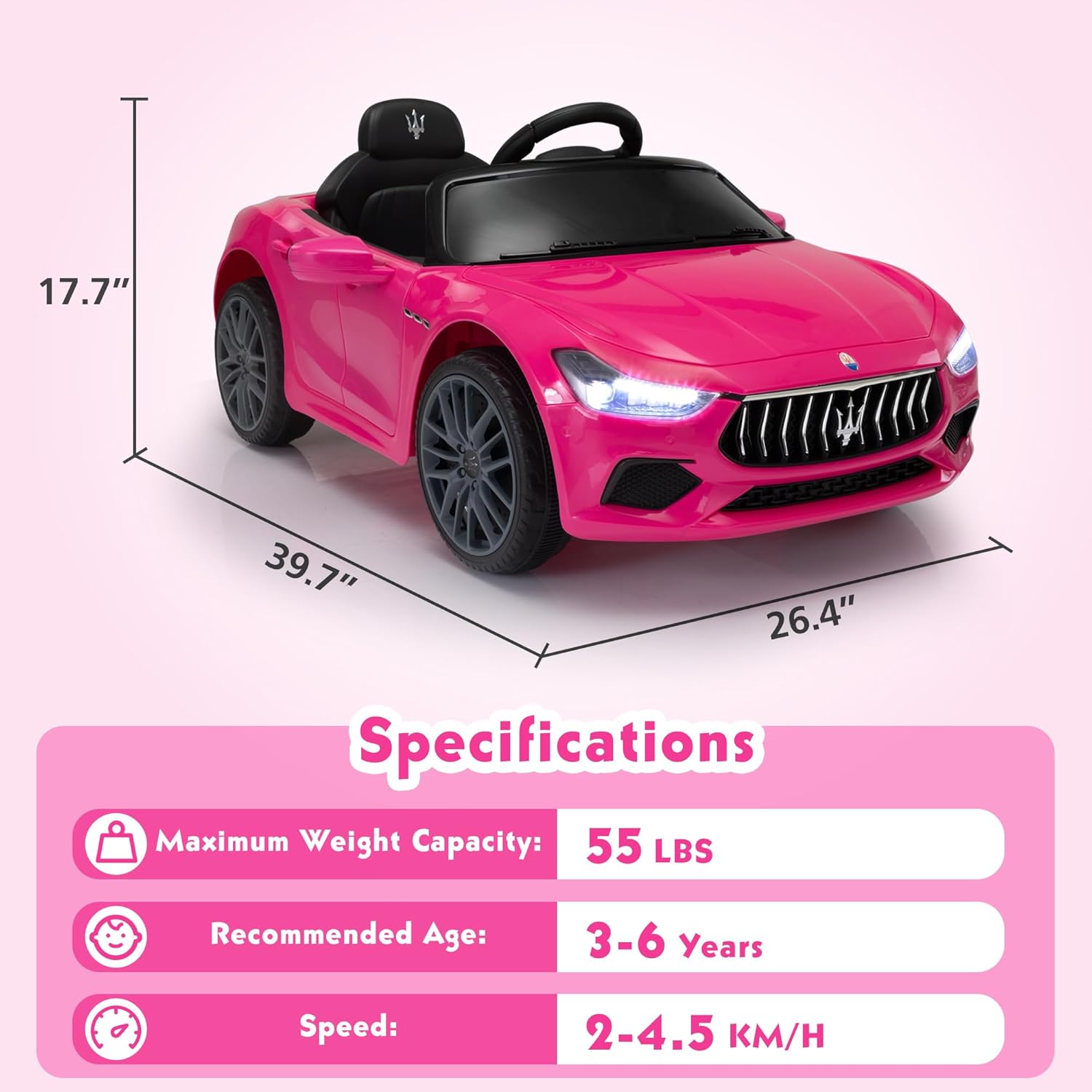 TOBBI Kids Ride on Car, 12V Licensed Maserati Ghibli, Electric Car for Boy Girl with Remote Control, 3 Speeds, Music, Bright Lights, MP3, USB,