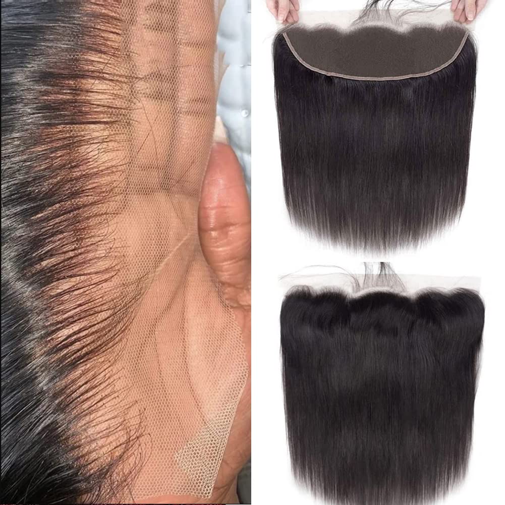 Cierre frontal de encaje, cabello humano lacio frontal de 13 x 4 de oreja a oreja, encaje frontal HD con abuelitos predepilados, densidad del 150%,
