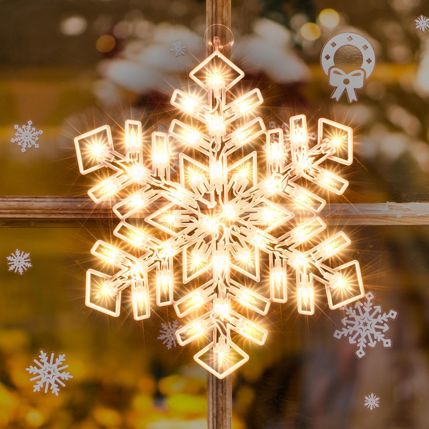 LAMPHOME Silueta de ventana de Navidad con diseño de copo de nieve iluminado, decoración de luces de Navidad para Navidad, fiesta, hogar, patio,