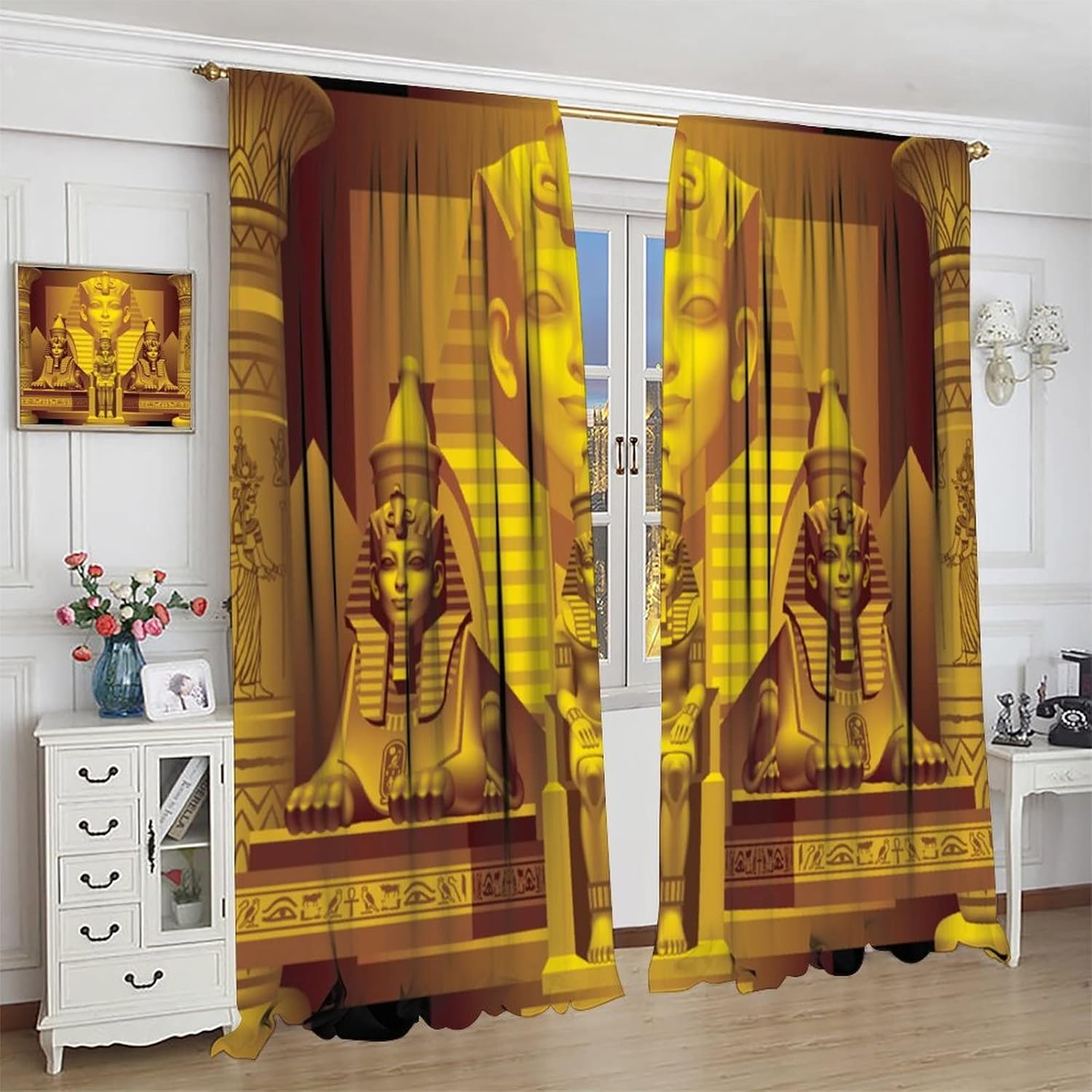 Cortinas egipcias, faraón egipcio antiguo, esfinge, pirámide sagrada, cortinas con estampado dorado para dormitorio, sala de estar, bolsillo para