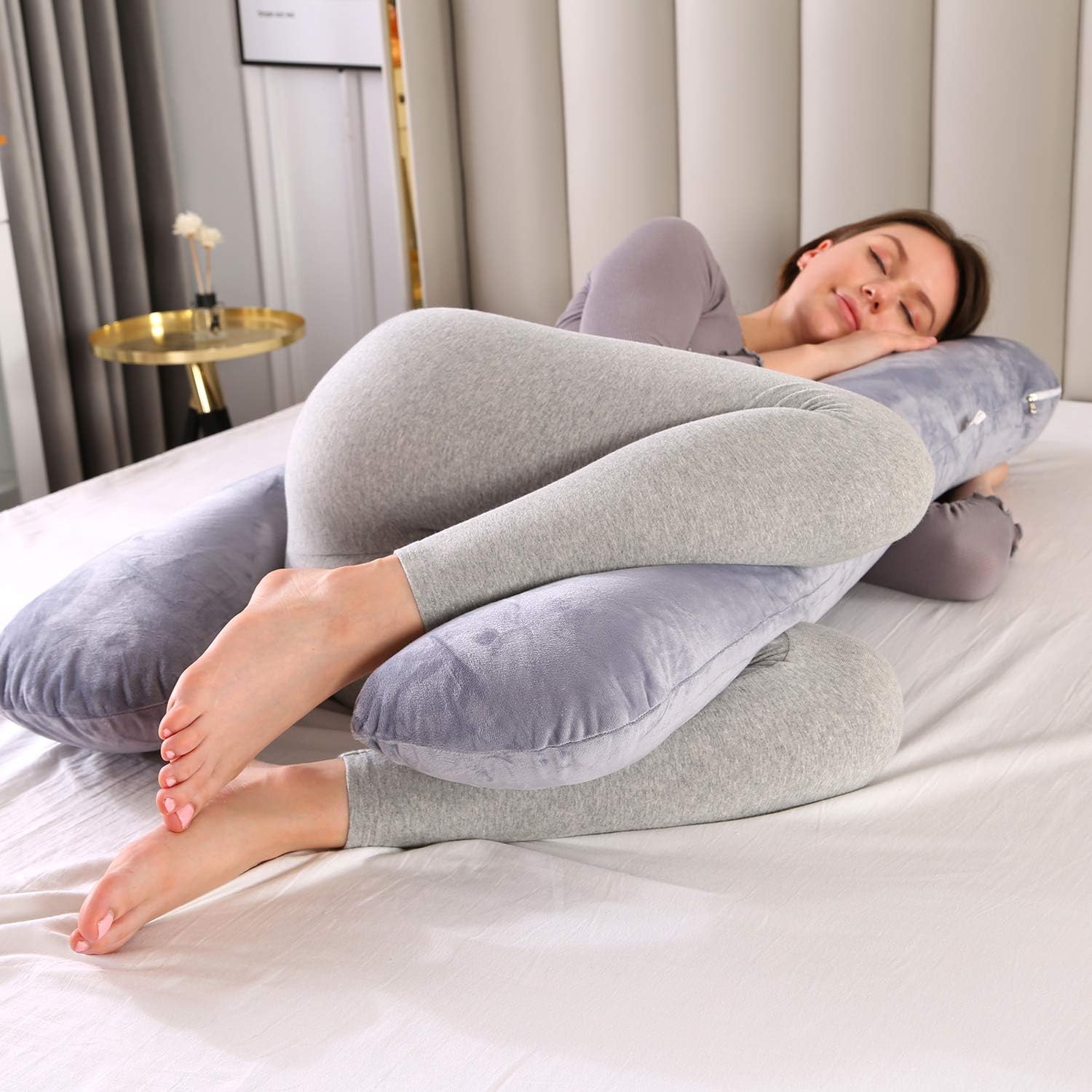 Almohada de embarazo grande en forma de U con forma de U con funda de almohada de algodón reemplazable y lavable para mujeres embarazadas que