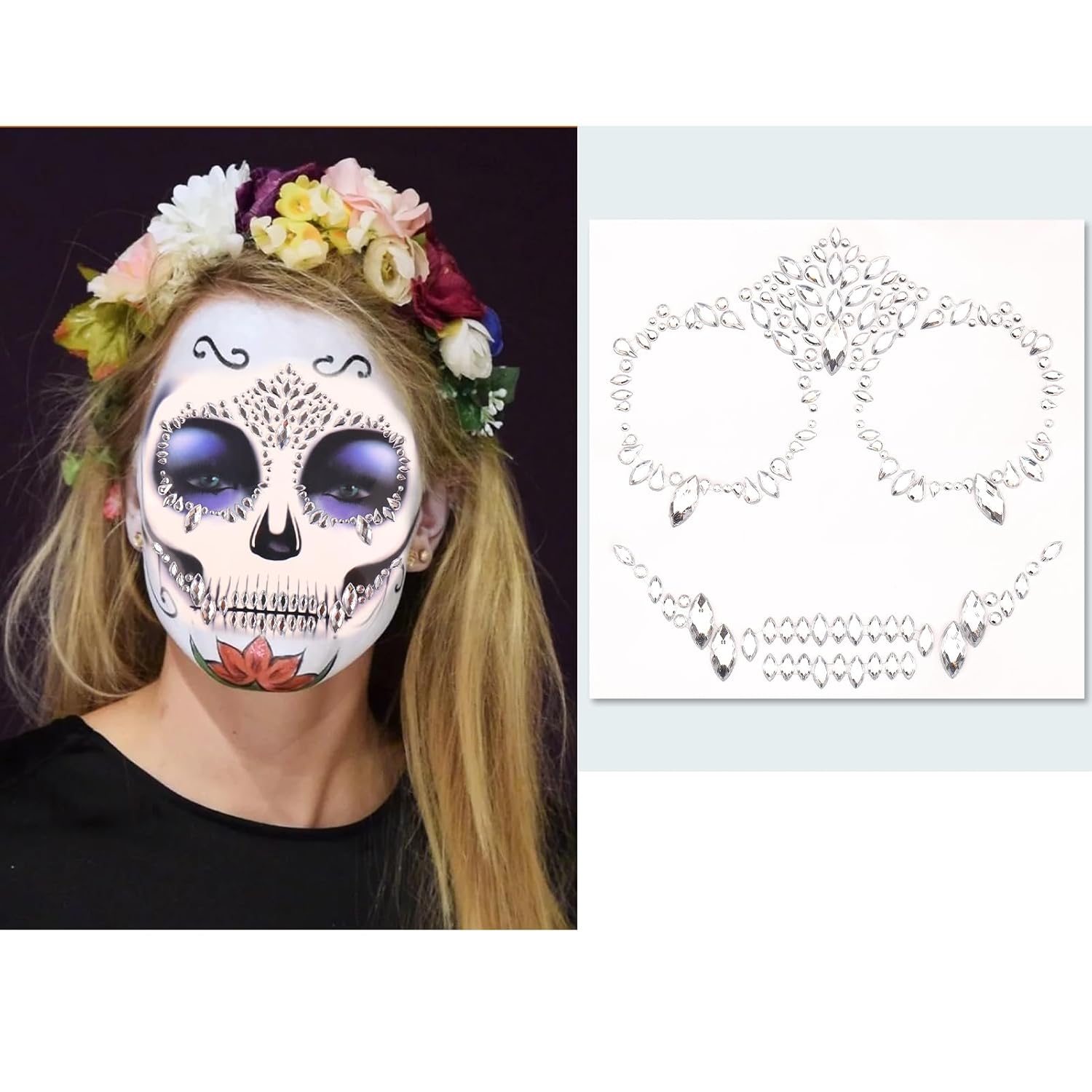 Calcomanías de joyas de Halloween para la cara, decoraciones de gemas de cara de Halloween, tatuajes temporales de calavera del día de los muertos,