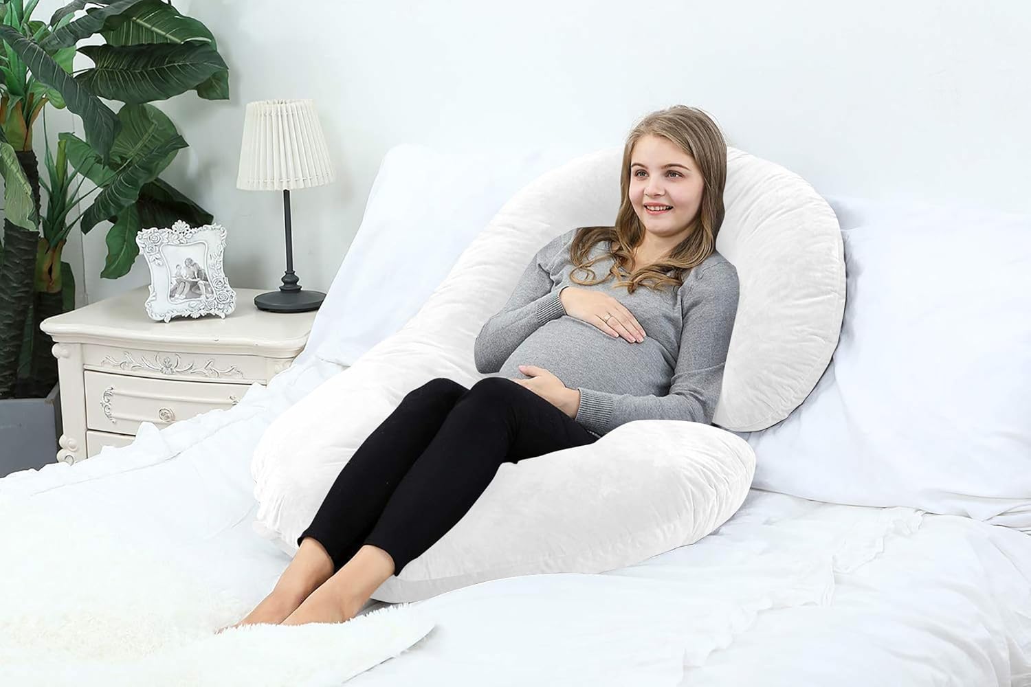 Almohadas de embarazo de 57 pulgadas, almohada de cuerpo completo en forma de C, color blanco, almohadas de embarazo para dormir, funda de algodón