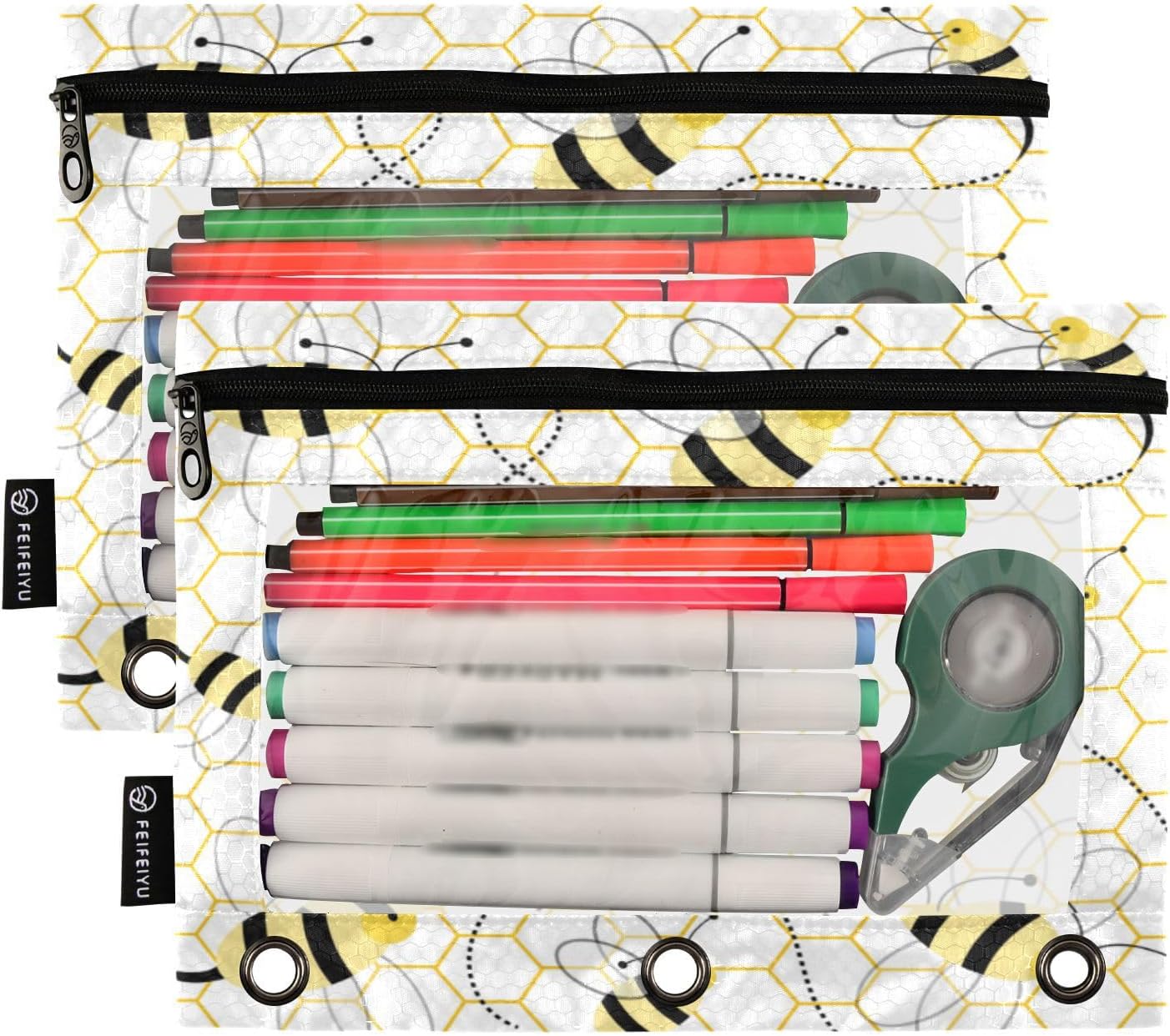 Bolsas para carpetas, lindo diseño de abeja amarilla de dibujos animados para 3 anillas de panales, paquete de 2 bolsas para lápices con ventana