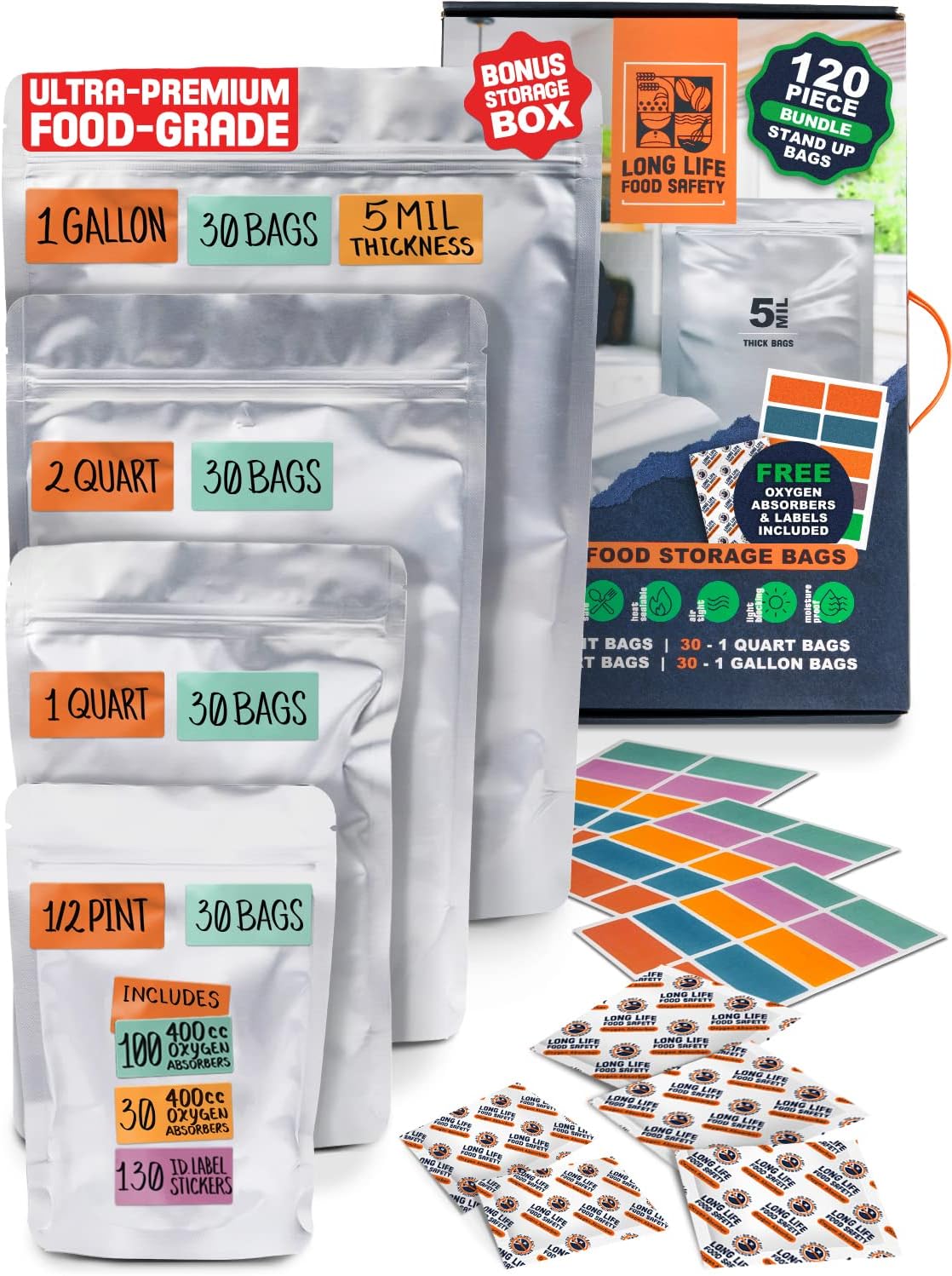 Absorbentes de oxígeno de 2500 cc para almacenamiento de alimentos (20 paquetes) y paquete de varios tamaños (120 bolsas) bolsas de Mylar para