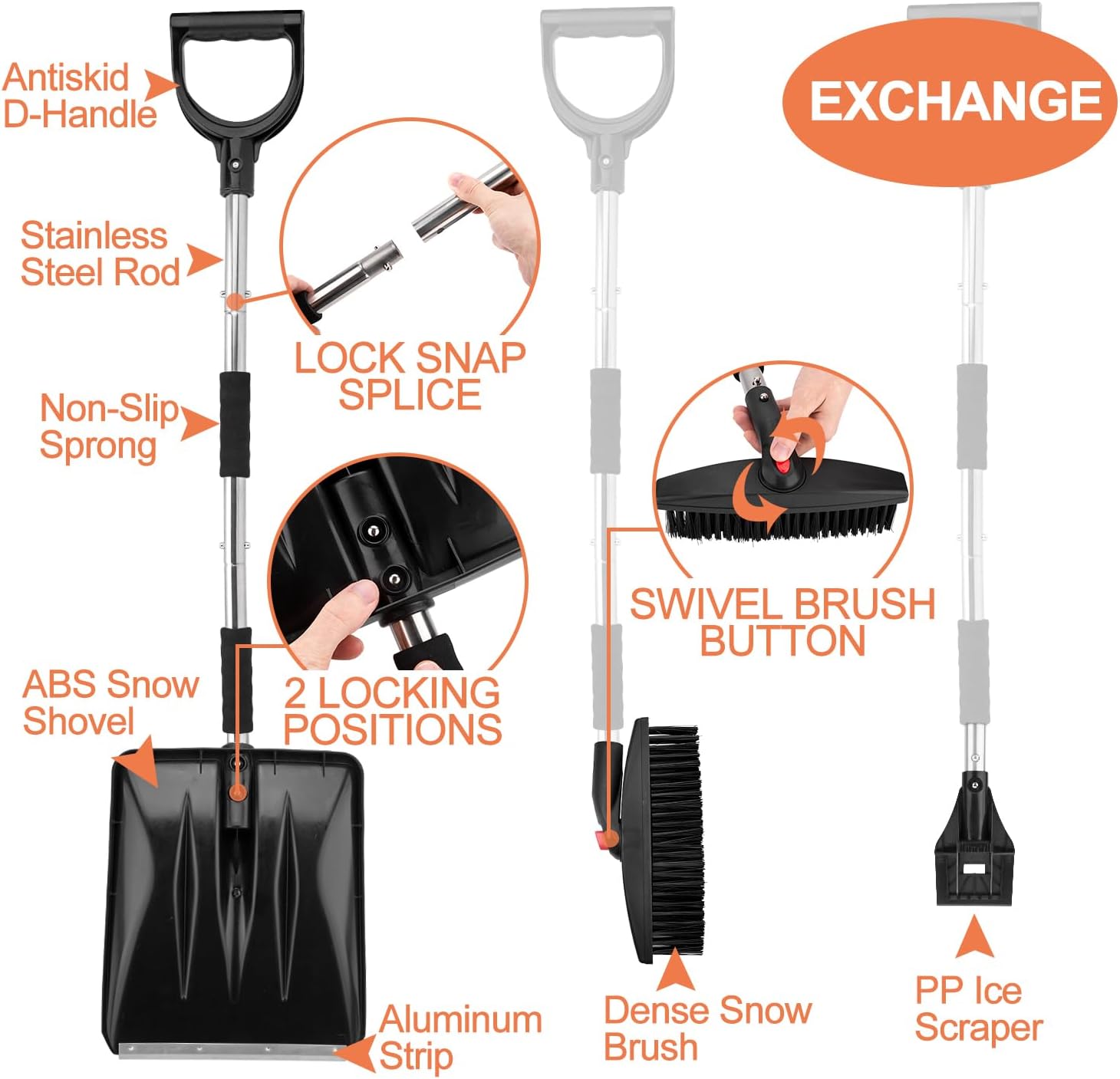 OCGIG Kit de pala de nieve portátil 3 en 1 con raspador de hielo y cepillo de nieve, diseño plegable de emergencia, juego de quitanieves para