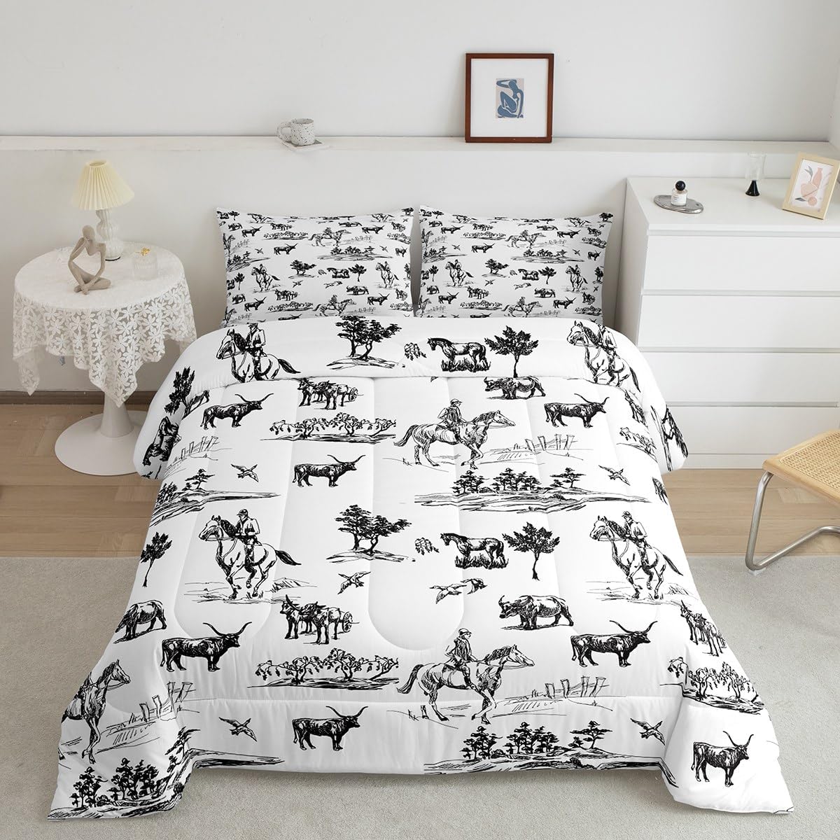 Juego de edredón occidental, tamaño matrimonial, juego de ropa de cama de vaca y caballo, 3 piezas, diseño de animales de granja para niños, niñas y