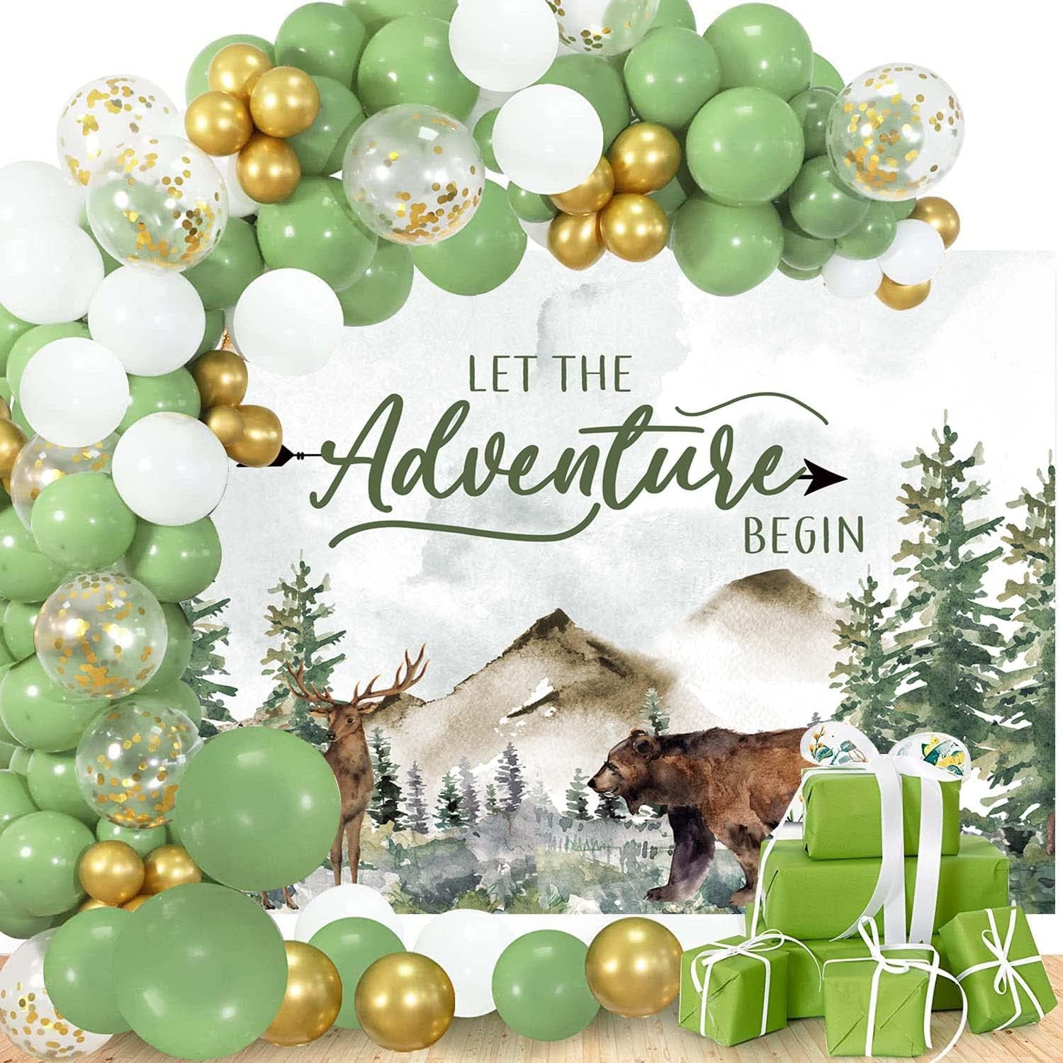 Adventure Awaits – Decoraciones para baby shower con texto en inglés “Let The Adventure Begin”, kit de arco de guirnalda de globos verde salvia para
