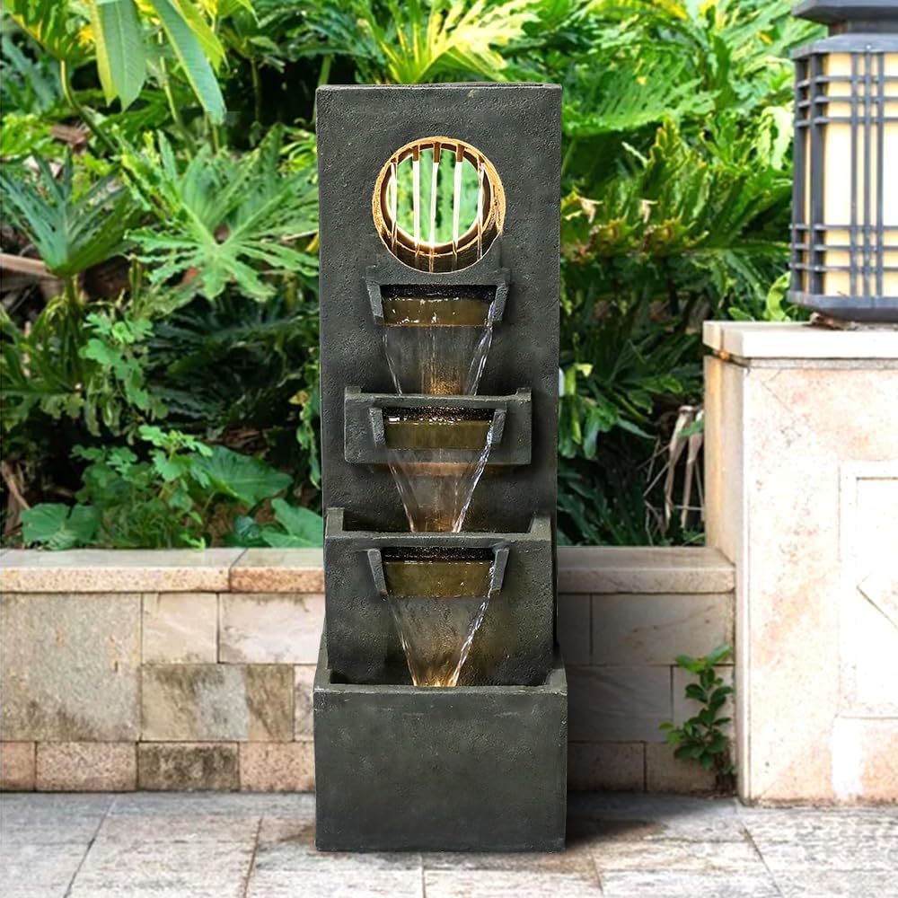 Moderna fuente de cascada para interiores y exteriores, 39.3 pulgadas de alto, relajante y relajante al aire libre, fuentes independientes con luces
