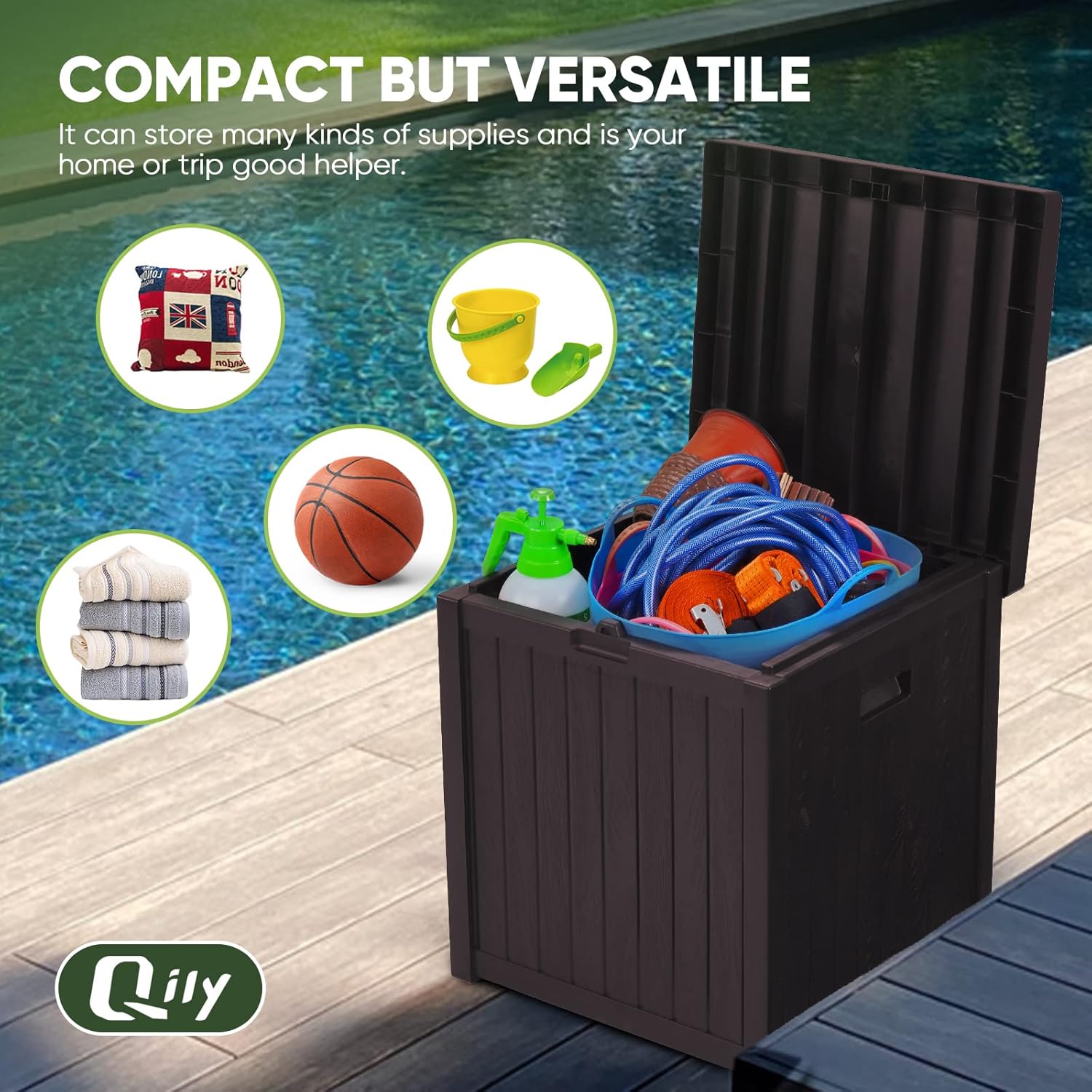 Qily Caja de almacenamiento para exteriores, resina impermeable, almacenamiento de cojines exteriores, caja de cubierta pequeña, duradera, caja de