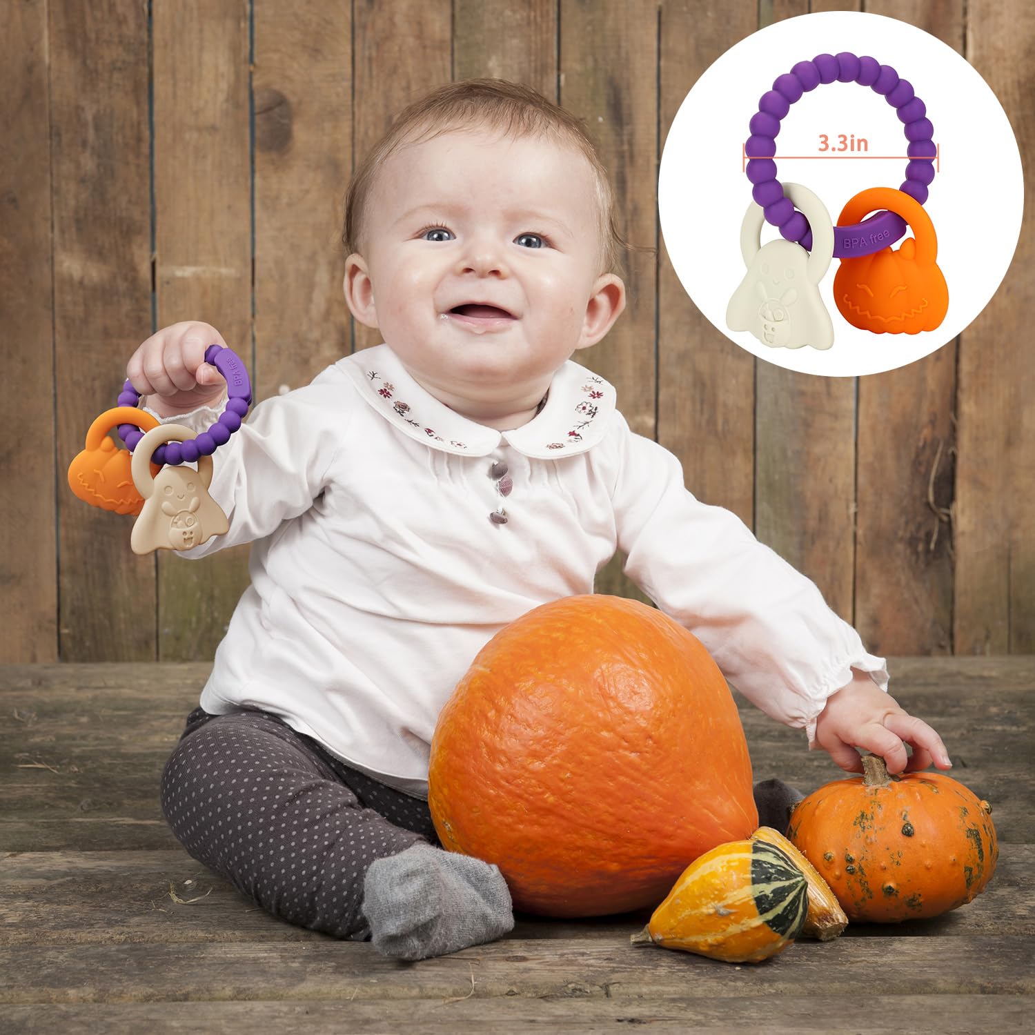 Anillo de dentición de silicona, juguetes mordedores para bebés de Halloween con sonajeros de calabaza y fantasma, juguetes sensoriales para