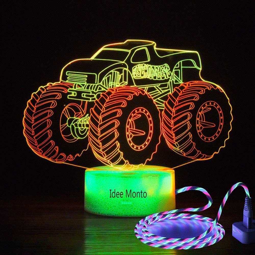 Idee Monto Hot Wheels Monster Truck Jam, Monster Trucks para niños, camión monstruo zombi, lámpara de ilusión LED 3D, luces nocturnas para niños