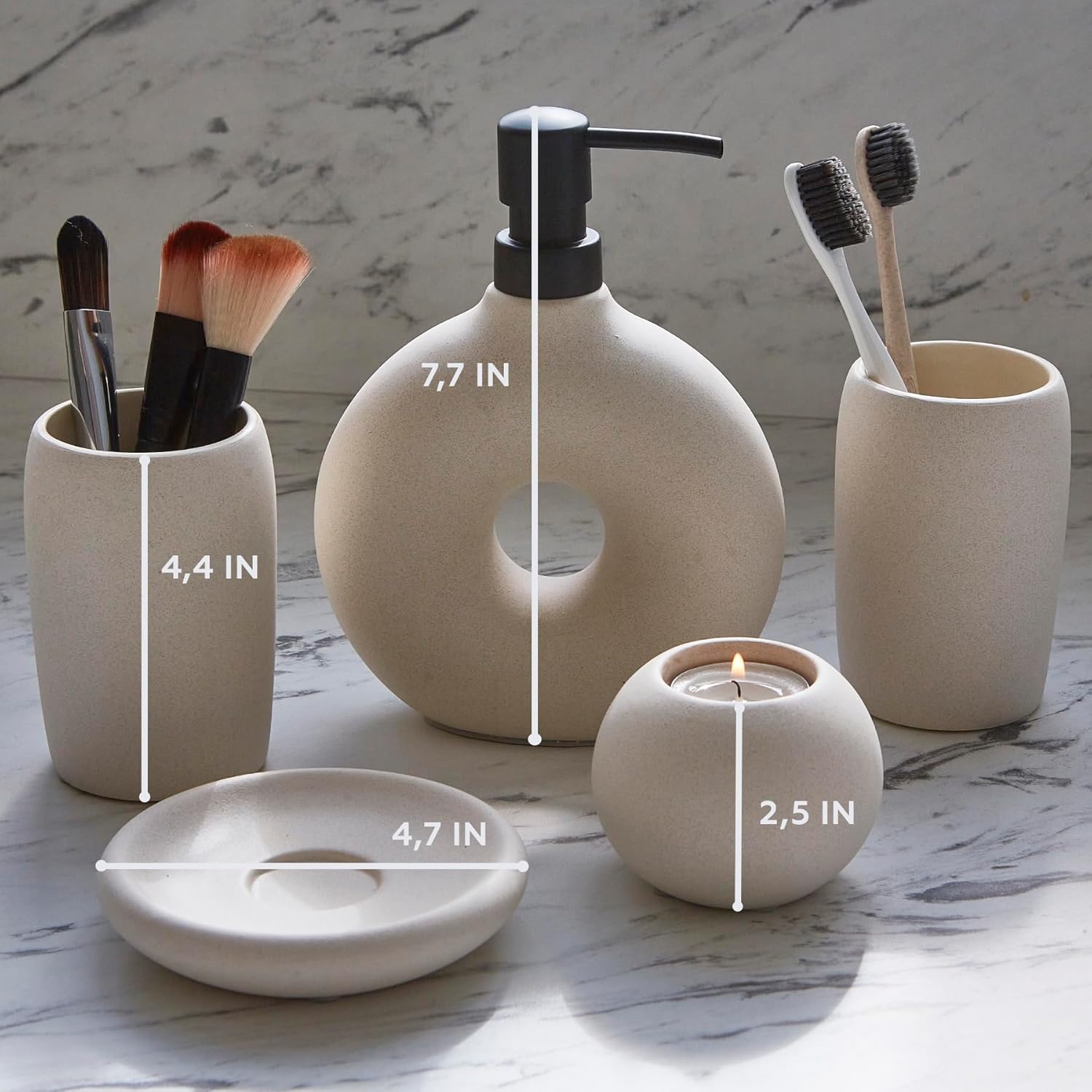 Juego de accesorios de baño de cerámica, 5 piezas, incluye dispensador de jabón, taza para cepillo de dientes, soporte para cepillos de dientes,