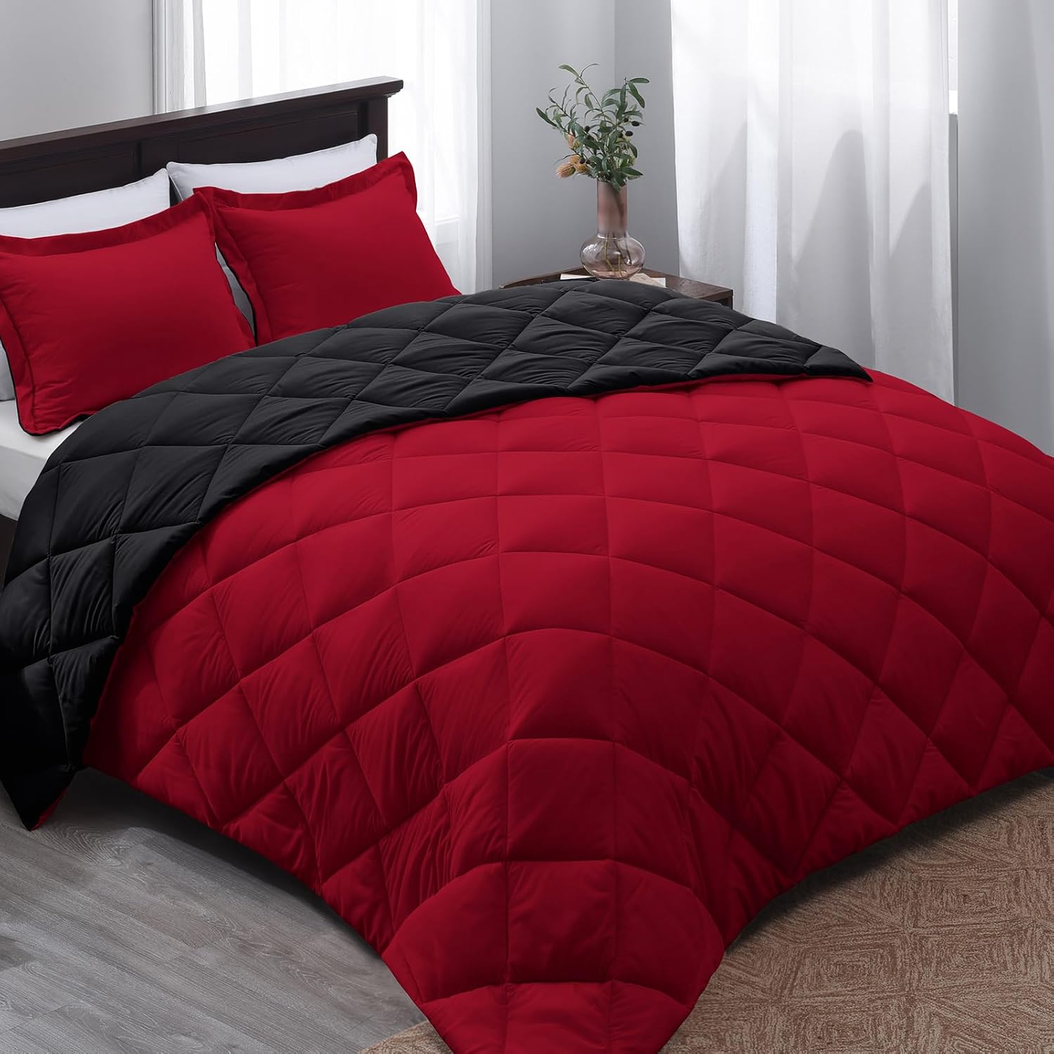 Basic Beyond Down juego de edredón alternativo  edredón de cama reversible para todas las estaciones, Alternativa con plumón, NegroRojo, gemelo
