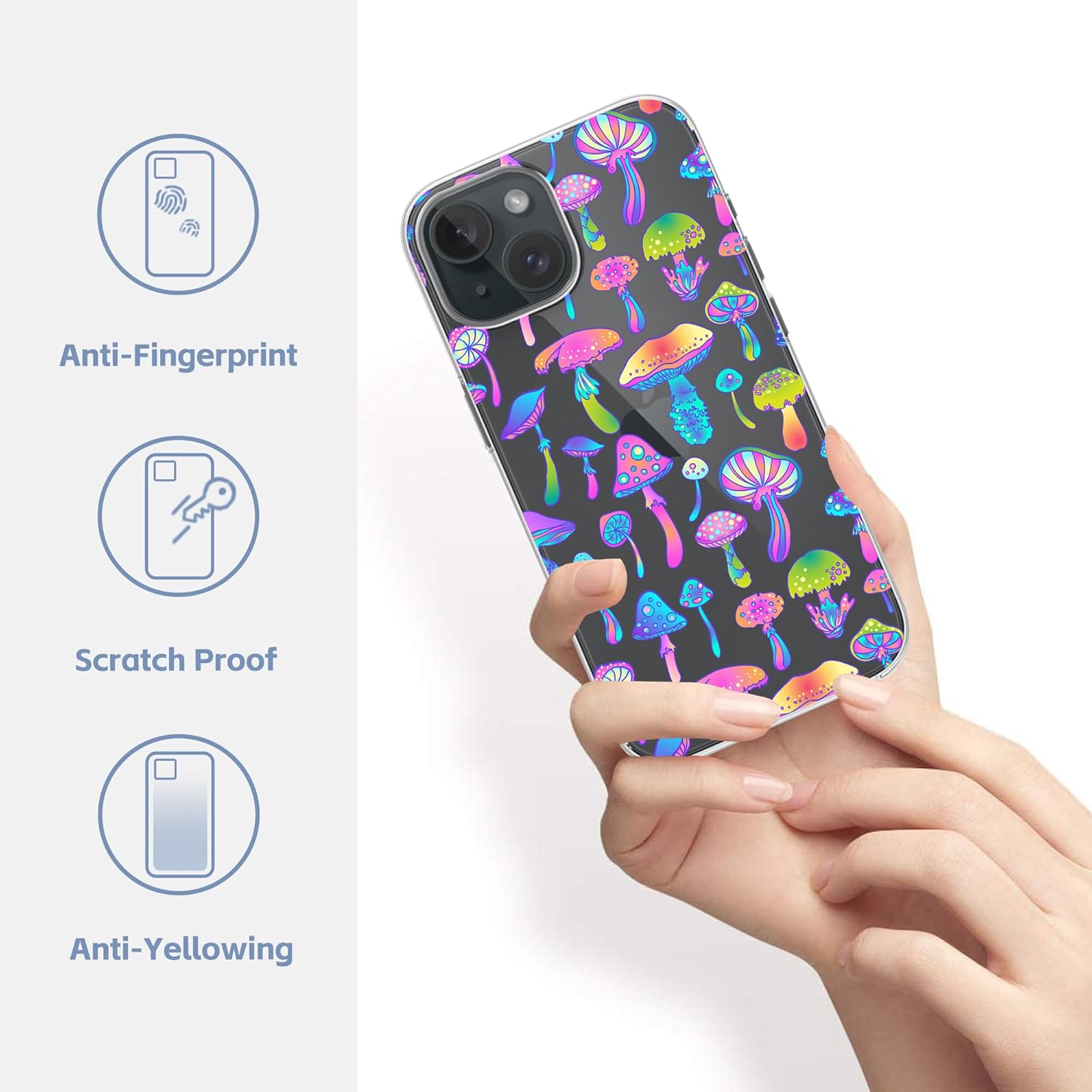 Funda diseñada para iPhone 15 Plus, diseño de hongos psicodélicos mágicos, funda transparente de hongos coloridos hippies para iPhone 15 Plus, a