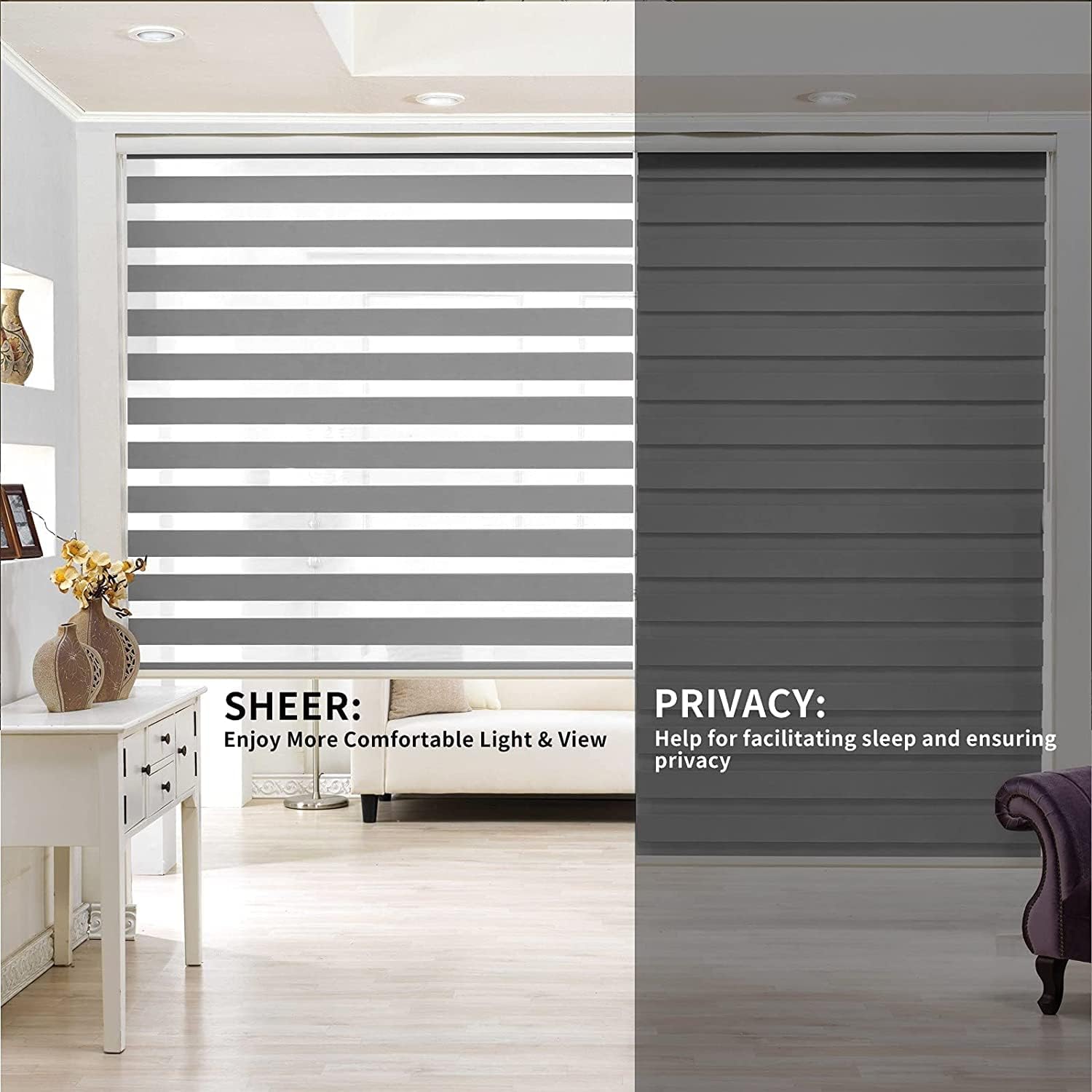 Persianas opacas de cebra sin cordones para ventanas con funda de cenefa, persianas traslúcidas de día y noche para control de luz de privacidad,