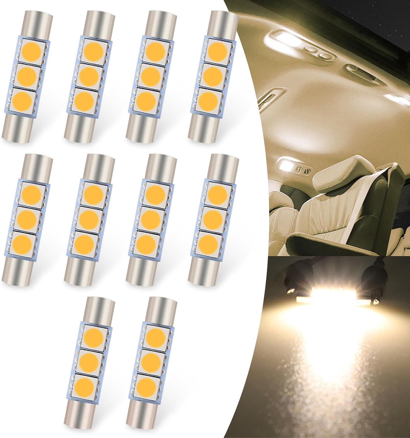 dawfall Pack-10 Car 28mm LED Light, 1.1″ x 0.24″ 5050-3SMD 180 Degree Bright Indoor Light Bulb Replacement, Reading Light Roof Light Makeup Light,