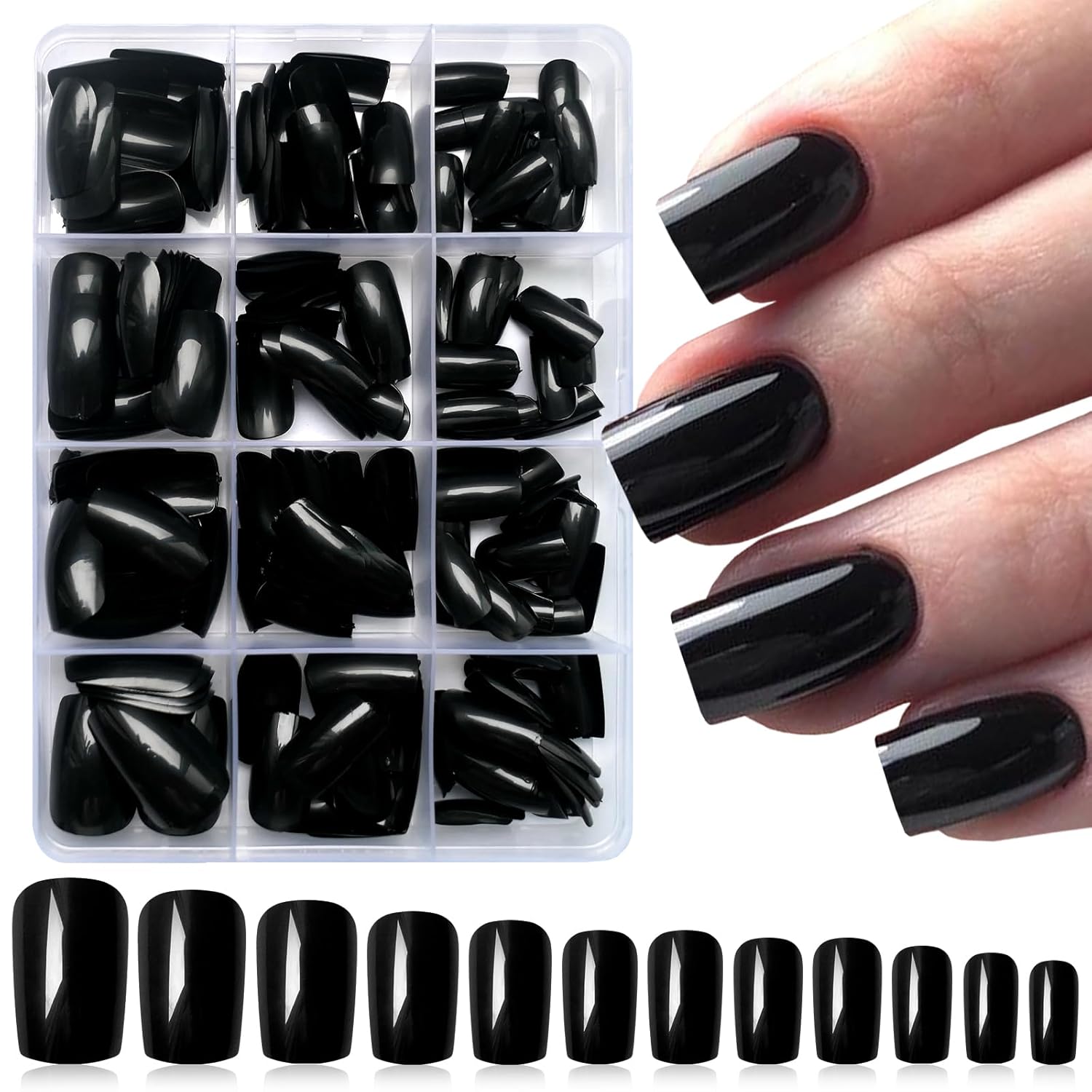 LoveOurHome 240 uñas postizas negras a presión, cuadradas medianas, uñas postizas cuadradas de gel, uñas postizas de gel, uñas postizas de color