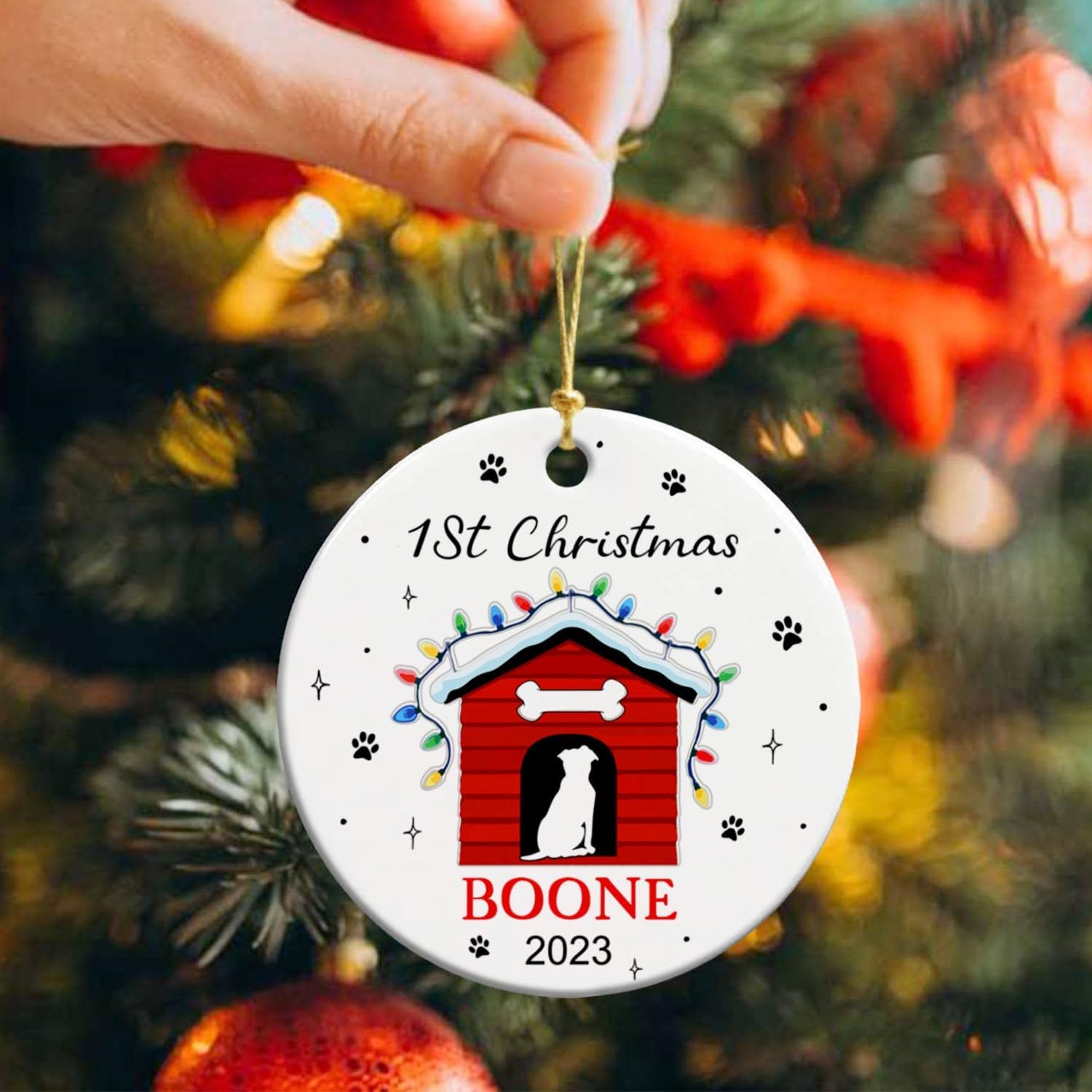Adorno de cerámica personalizado para el primer perro bebé 2023, adorno personalizado para primera Navidad para mascotas con nombre y año, adorno de