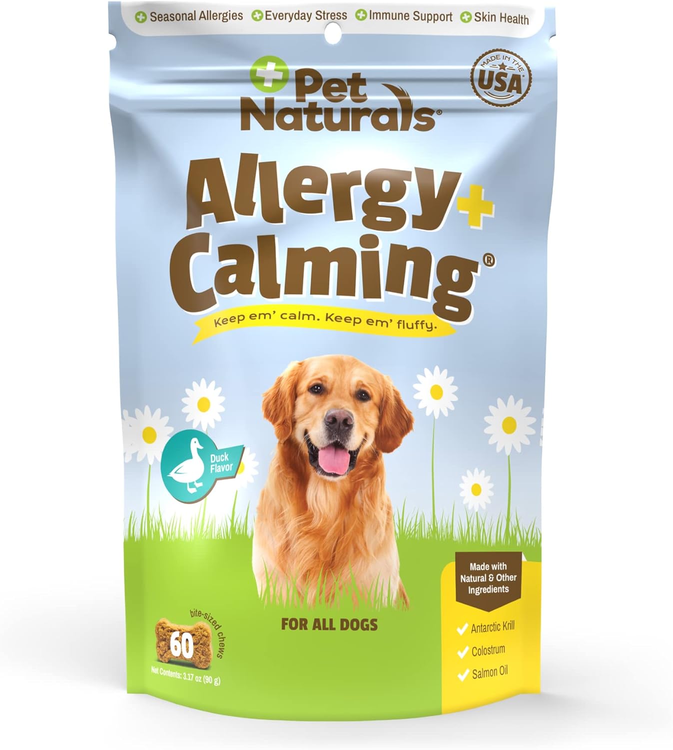 Pet Naturals Allergy Plus Suplemento calmante para perros, masticable suave, sabor a pato, 60 unidades
