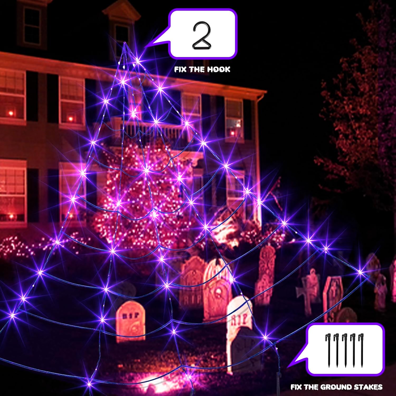 Vanthylit Decoraciones de Halloween para exteriores, luces gigantes de telaraña de 16 x 15 pies con 135 luces LED moradas iluminadas para fiestas,
