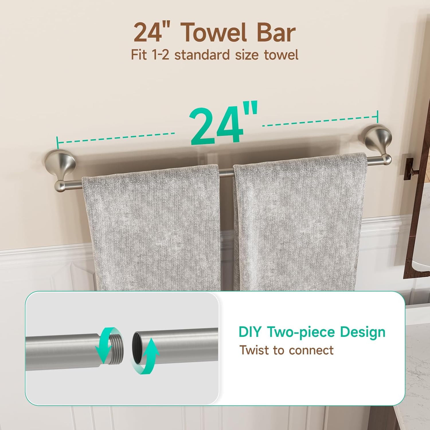 USHOWER Juego combinado de 4 piezas de accesorios de baño y toallero de 24 pulgadas, níquel cepillado