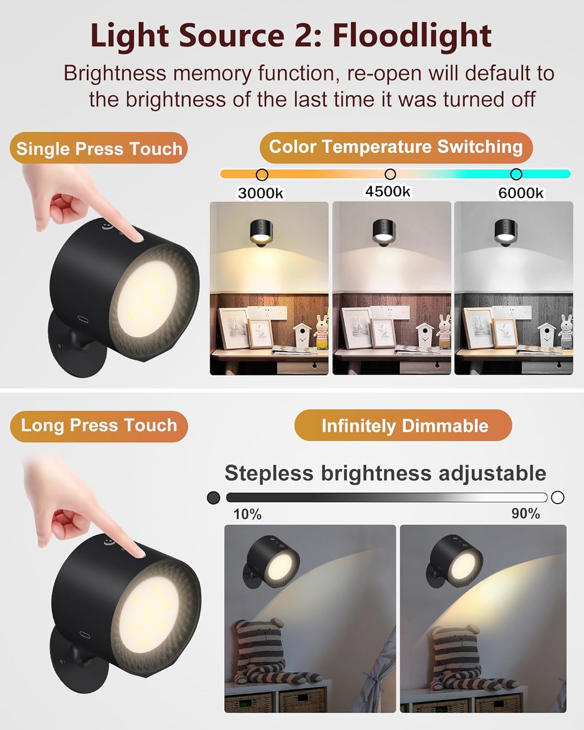 Sunxiner Juego de 2 apliques de pared que funcionan con pilas, luces LED recargables inalámbricas para sala de estar, dormitorio, aplique de pared