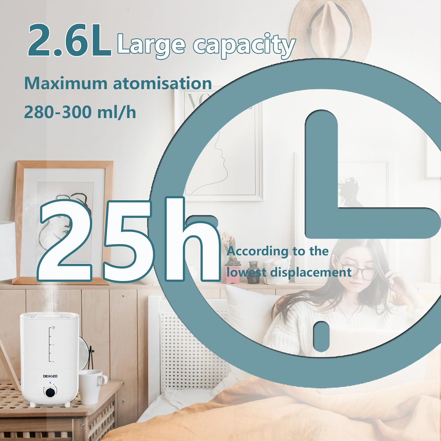 DEHOZO Humidificadores para dormitorio, bebé, 2.6 L, llenado superior para habitaciones grandes, oficinas, habitación de niños, 25 dB, silencioso,